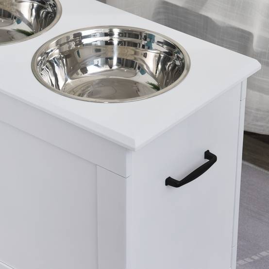 Nourrisseur pour chien surélevé avec rangement, 2 bols en inox 2000ml, MDF, blanc 60 x 30 x 41 cm - PANGIVO - Image 8
