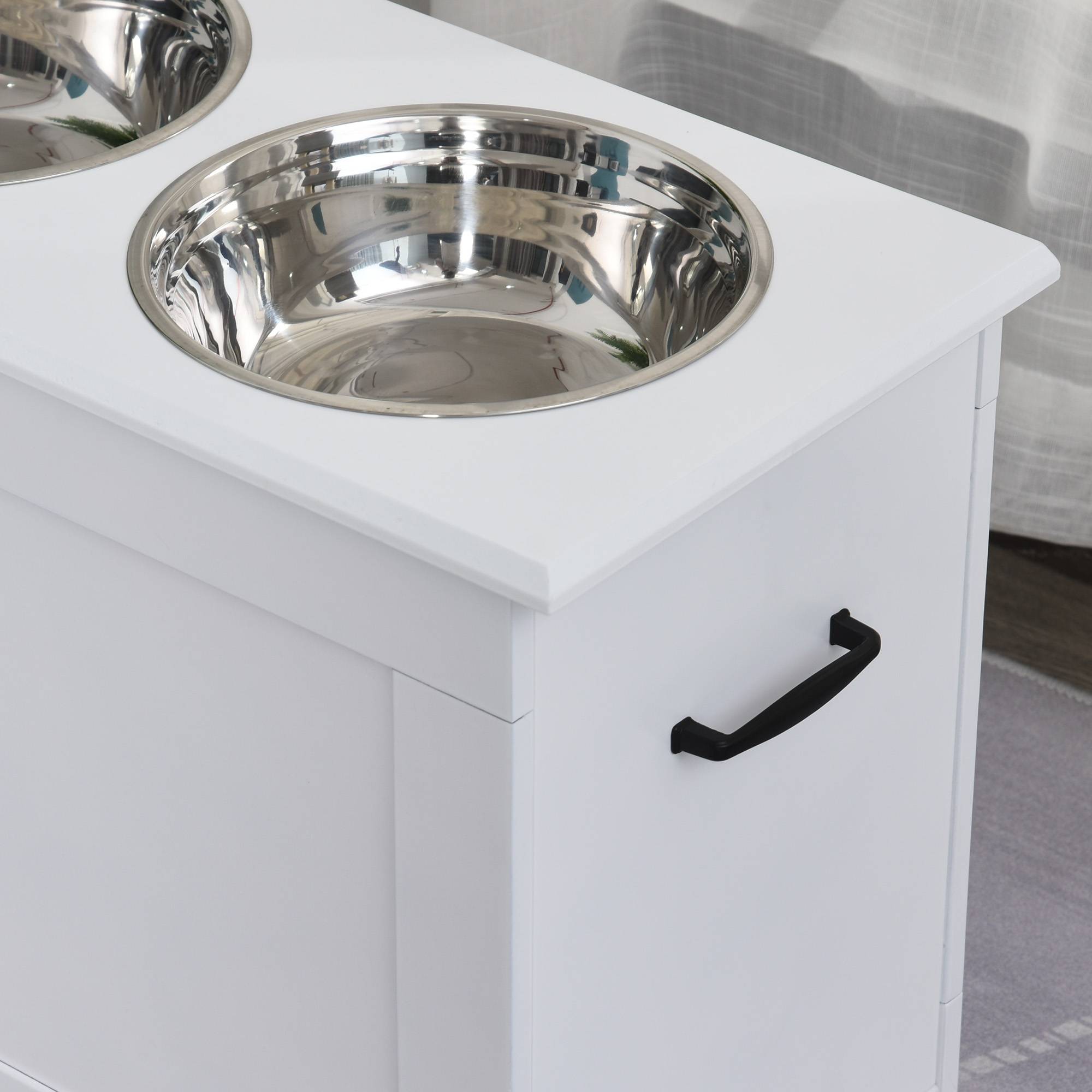 Nourrisseur pour chien surélevé avec rangement, 2 bols en inox 2000ml, MDF, blanc 60 x 30 x 41 cm - PANGIVO - Image 8