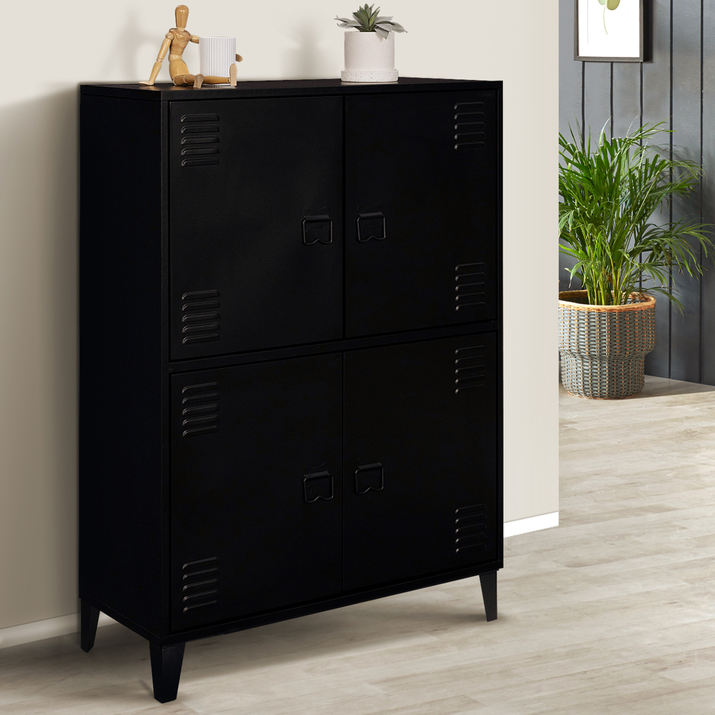 Armoire basse ESTER 4 portes métal noir design industriel - Image 1