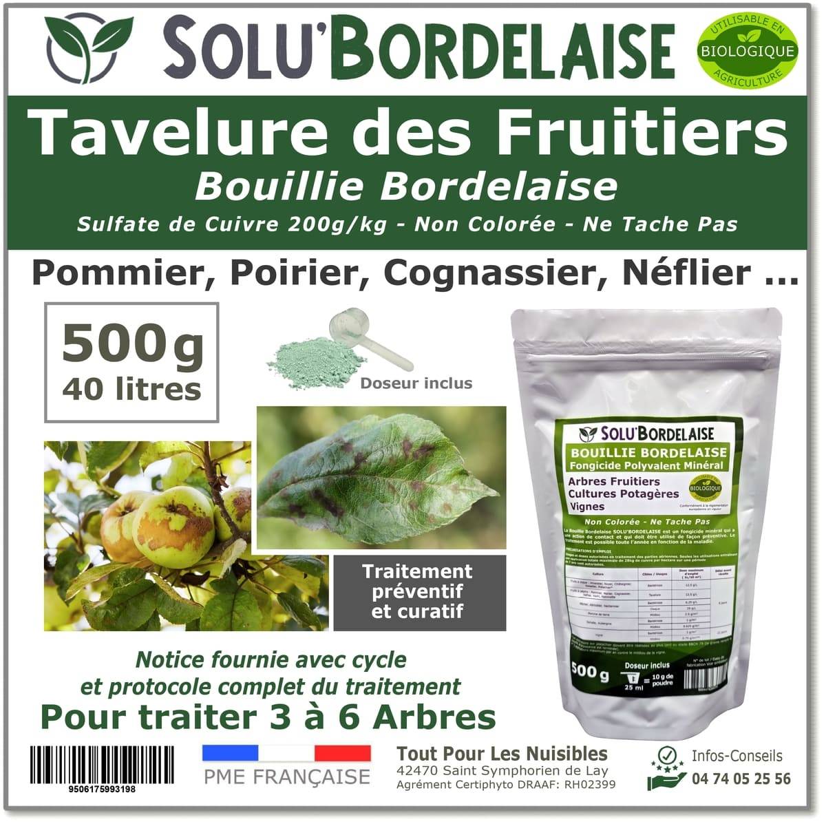 Solu'Bordelaise-Tavelure des Fruitiers - 500 g de Bouillie Bordelaise Non Colorée- Polyvalent à base de Sulfate de Cuivre 200 g/kg-UAB-Doseur inclus - Image 1