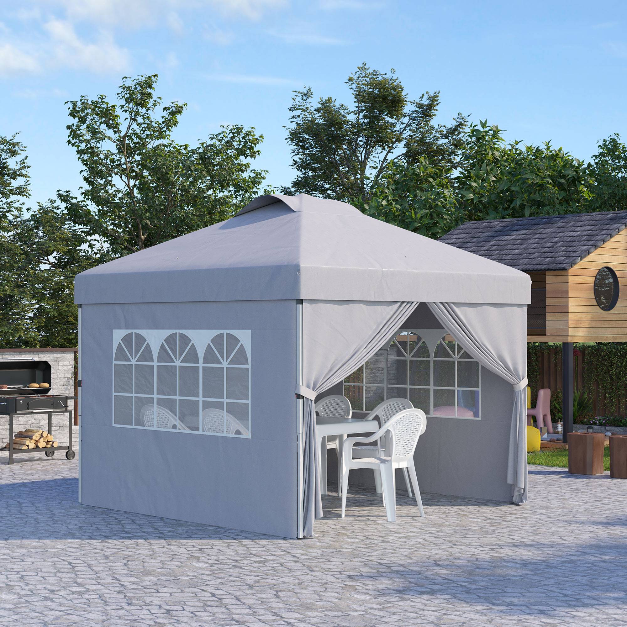 Outsunny - Tonnelle de jardin pliante pop-up 3x3m h. réglable parois latérales aérations fenêtres sac transport roulettes tissu Oxford 300D gris clair - Outsunny - Image 2