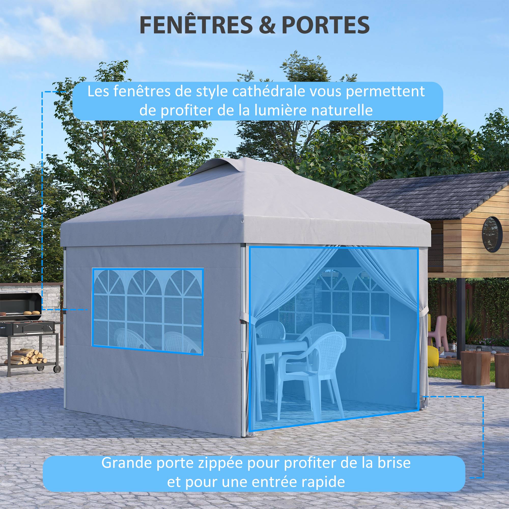 Outsunny - Tonnelle de jardin pliante pop-up 3x3m h. réglable parois latérales aérations fenêtres sac transport roulettes tissu Oxford 300D gris clair - Outsunny - Image 6