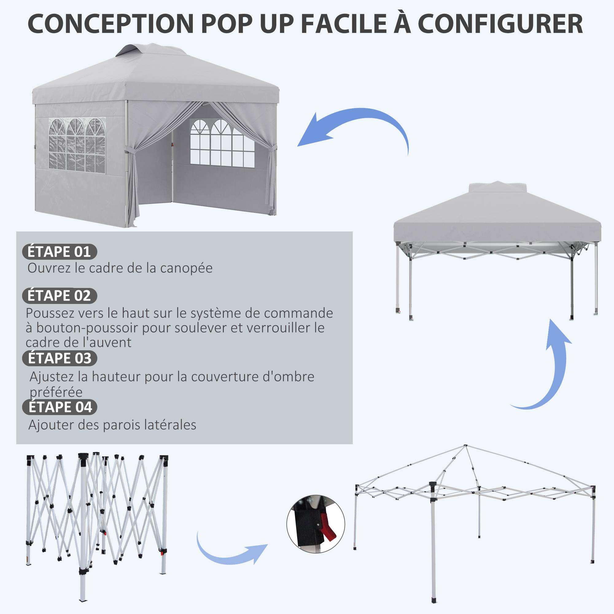 Outsunny - Tonnelle de jardin pliante pop-up 3x3m h. réglable parois latérales aérations fenêtres sac transport roulettes tissu Oxford 300D gris clair - Outsunny - Image 4