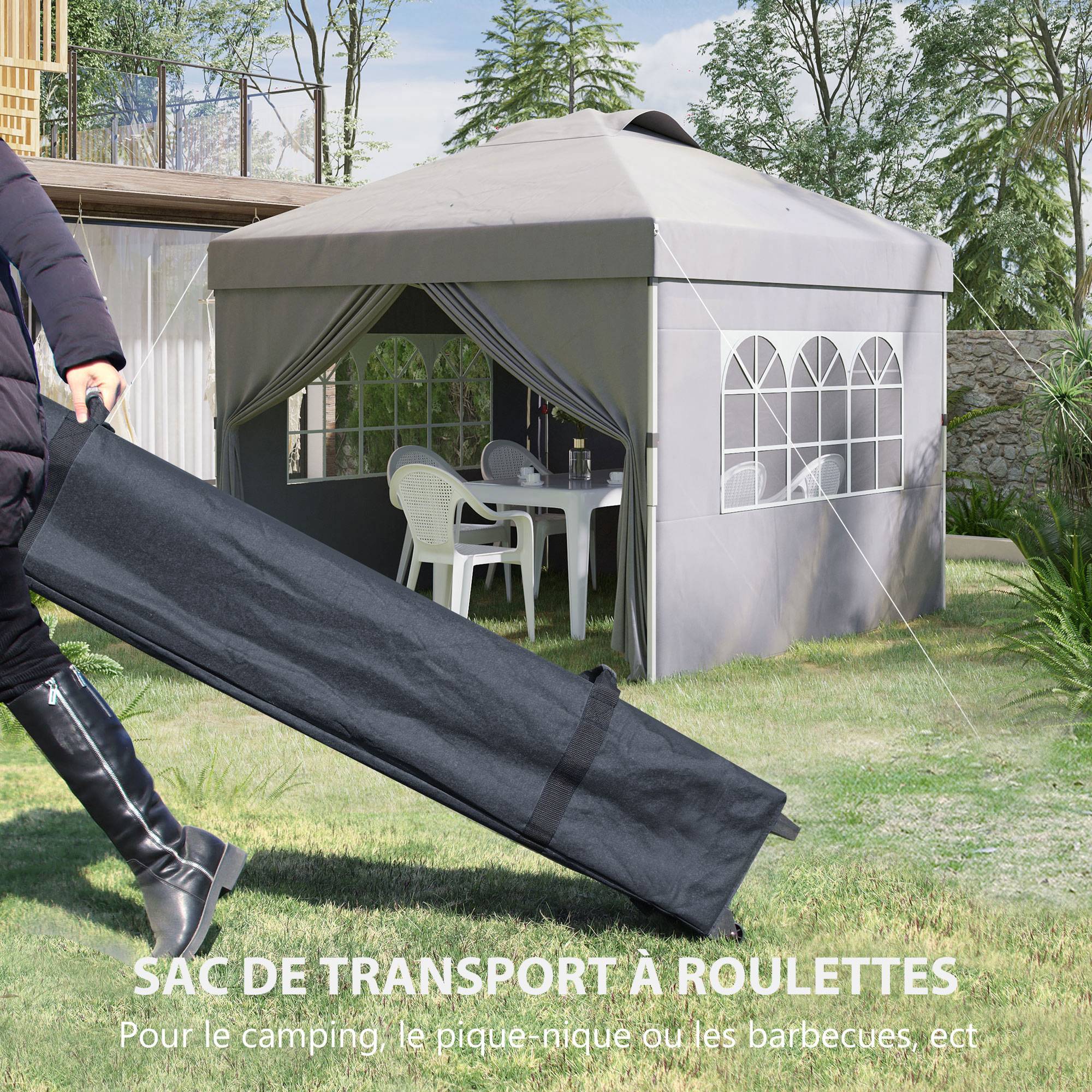 Outsunny - Tonnelle de jardin pliante pop-up 3x3m h. réglable parois latérales aérations fenêtres sac transport roulettes tissu Oxford 300D gris clair - Outsunny - Image 7