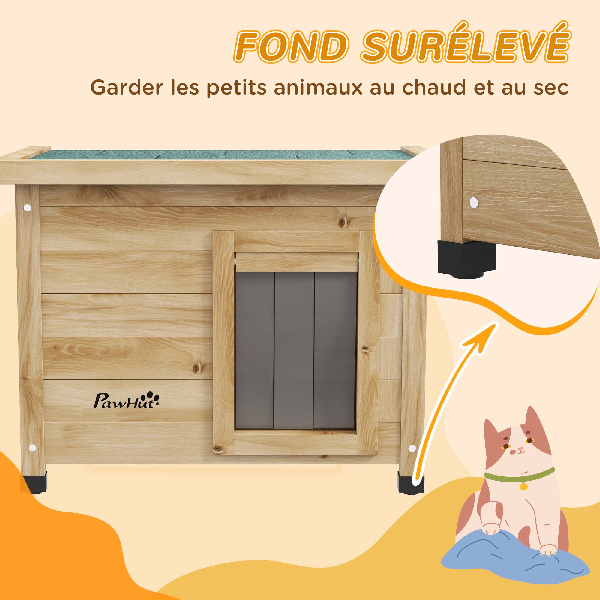 Sans Marque - Maison pour chats niche d'extérieur en bois surélevée avec toit asphalte, fenêtre, 57 x 45 x 43 cm jaune - Image 6
