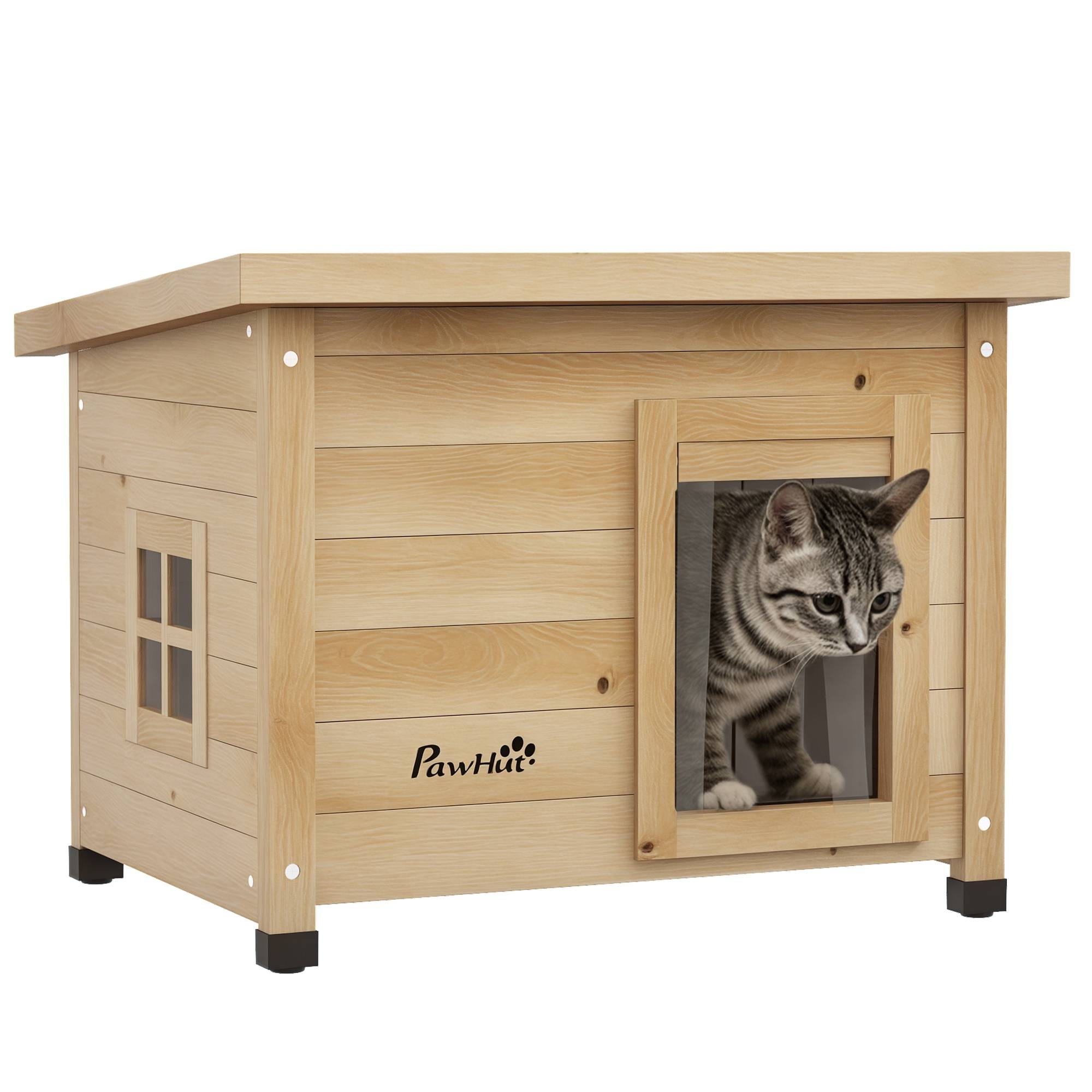 Sans Marque - Maison pour chats niche d'extérieur en bois surélevée avec toit asphalte, fenêtre, 57 x 45 x 43 cm jaune - Image 1