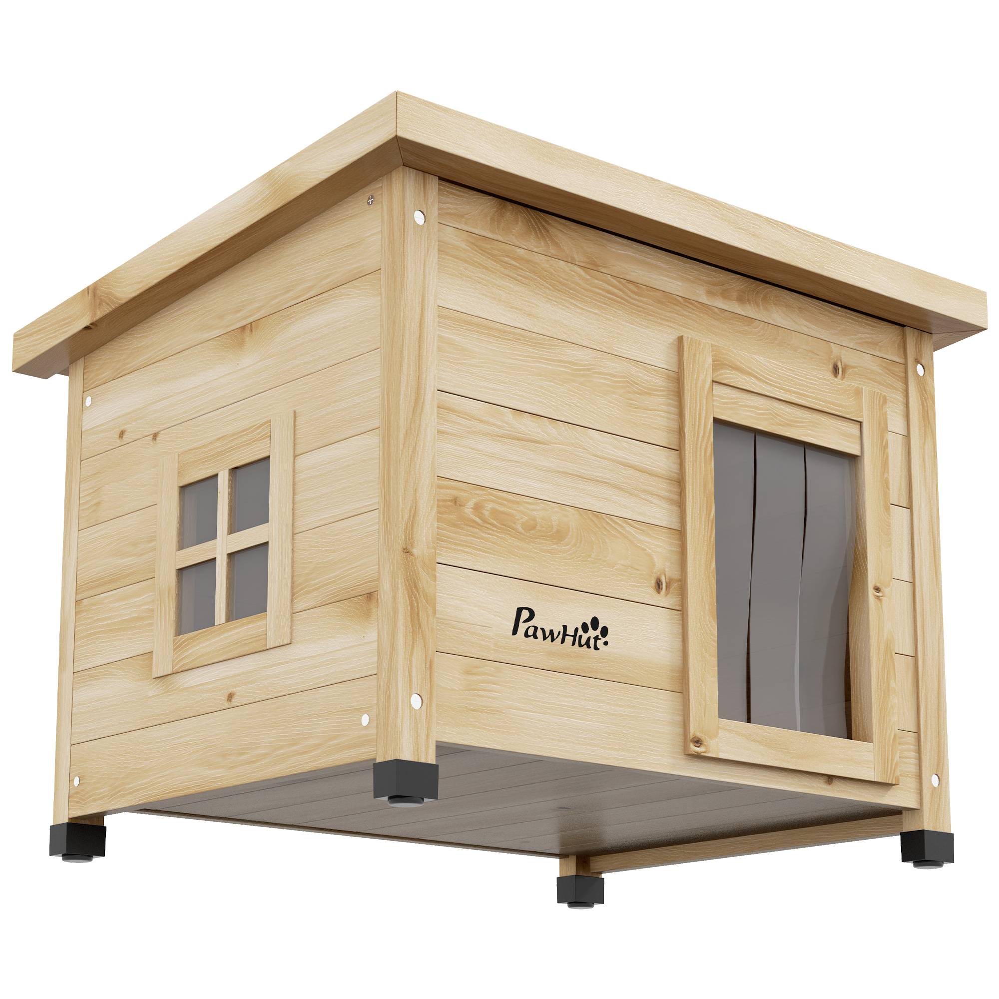 Sans Marque - Maison pour chats niche d'extérieur en bois surélevée avec toit asphalte, fenêtre, 57 x 45 x 43 cm jaune - Image 9
