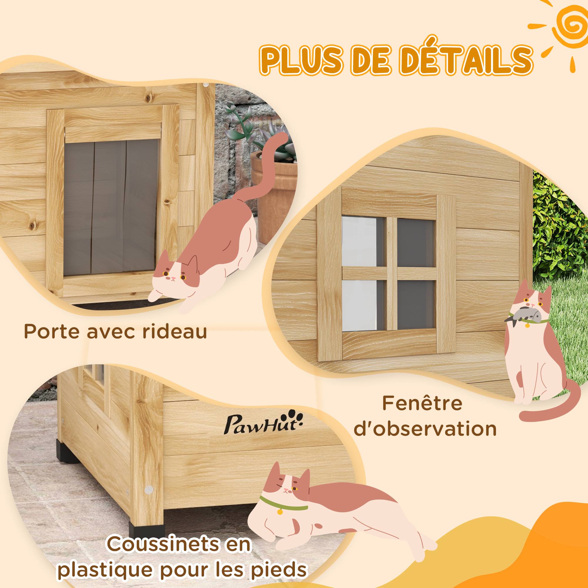Sans Marque - Maison pour chats niche d'extérieur en bois surélevée avec toit asphalte, fenêtre, 57 x 45 x 43 cm jaune - Image 7