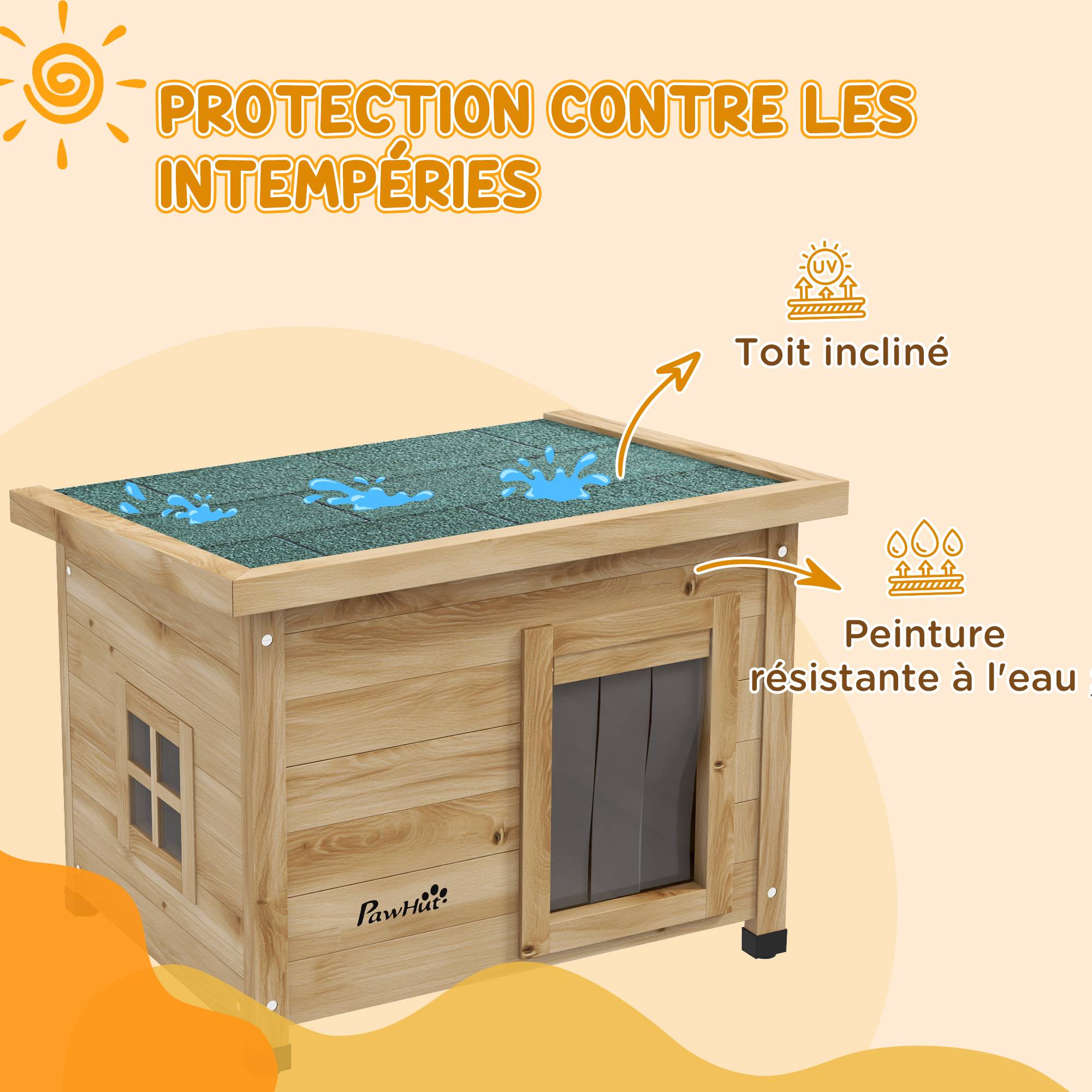 Sans Marque - Maison pour chats niche d'extérieur en bois surélevée avec toit asphalte, fenêtre, 57 x 45 x 43 cm jaune - Image 8