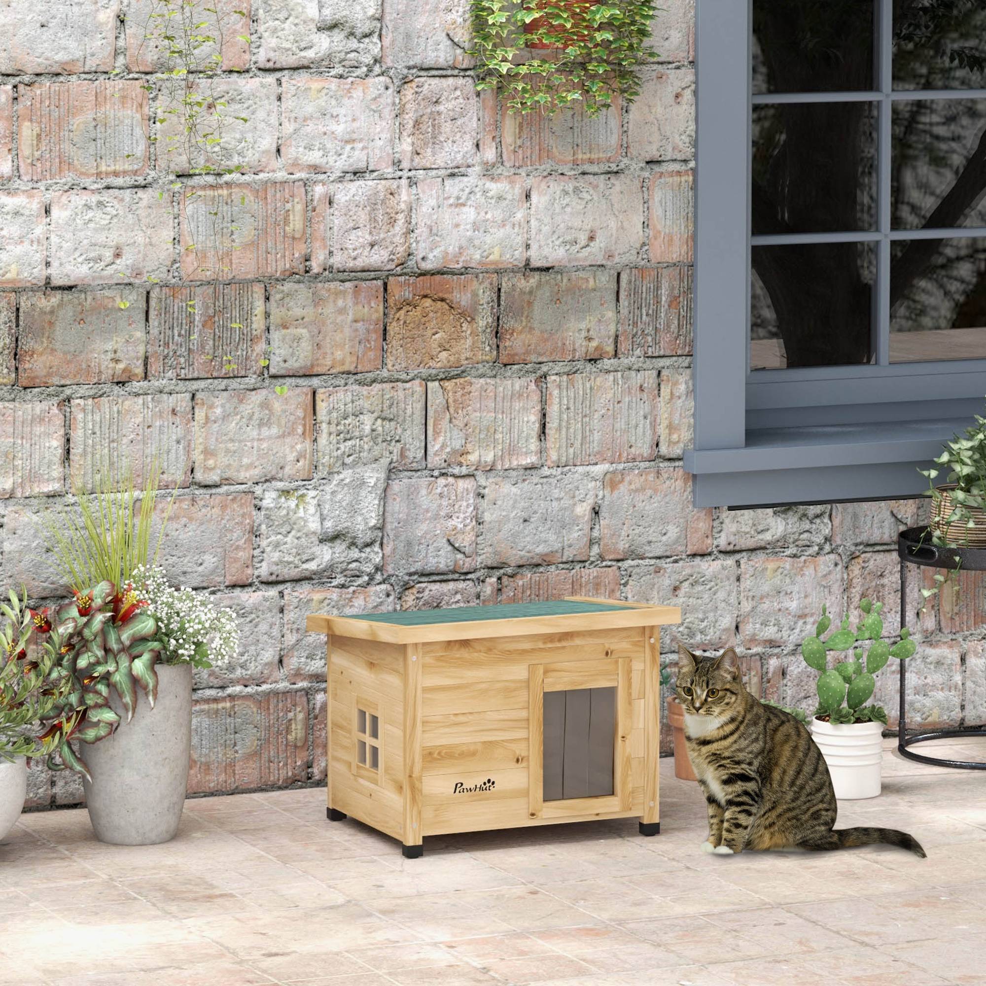 Sans Marque - Maison pour chats niche d'extérieur en bois surélevée avec toit asphalte, fenêtre, 57 x 45 x 43 cm jaune - Image 4