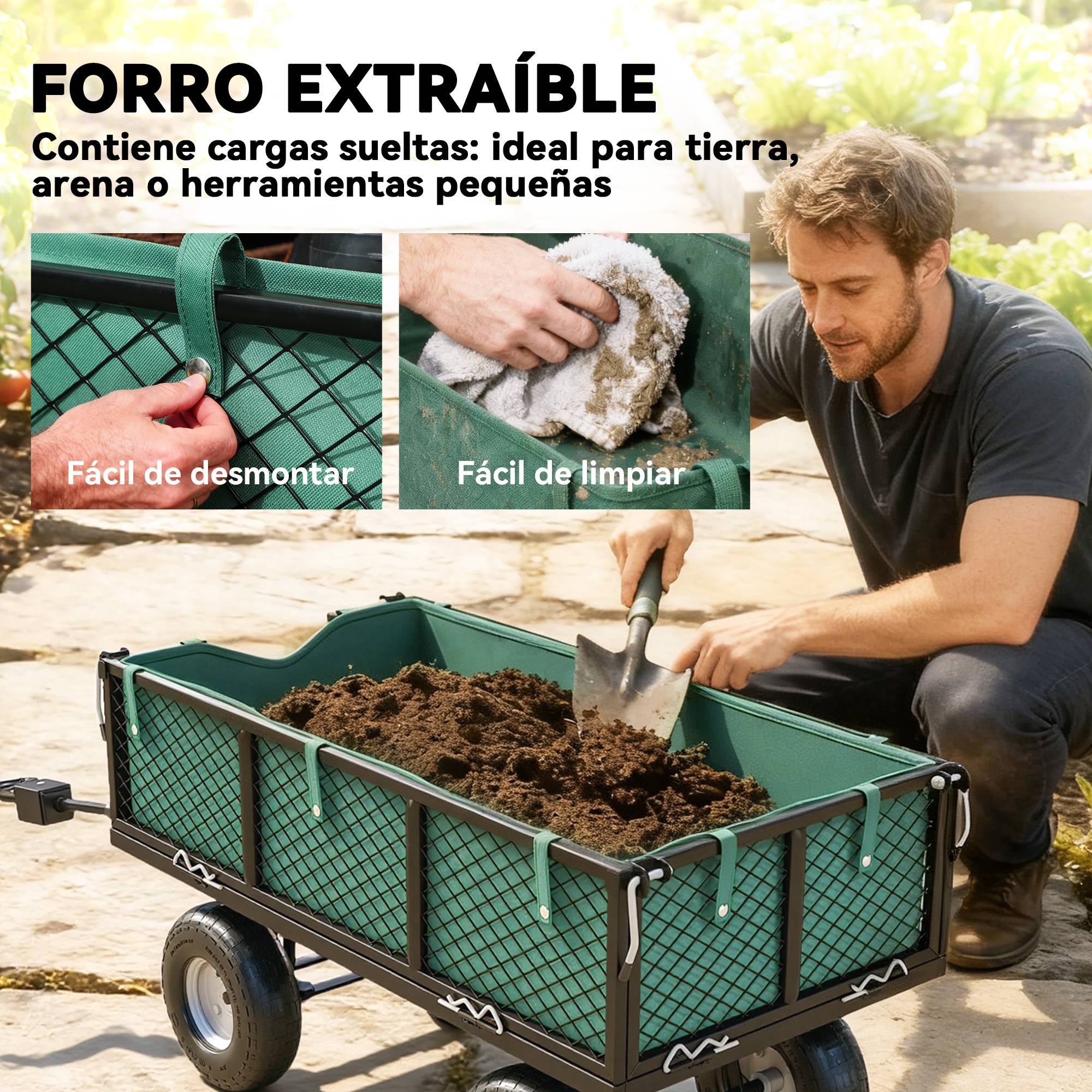 Chariot de jardin acier transport extérieur charge 300kg roues caoutchouc 105cm vert - ComfortXL Outdoor Living - Image 7