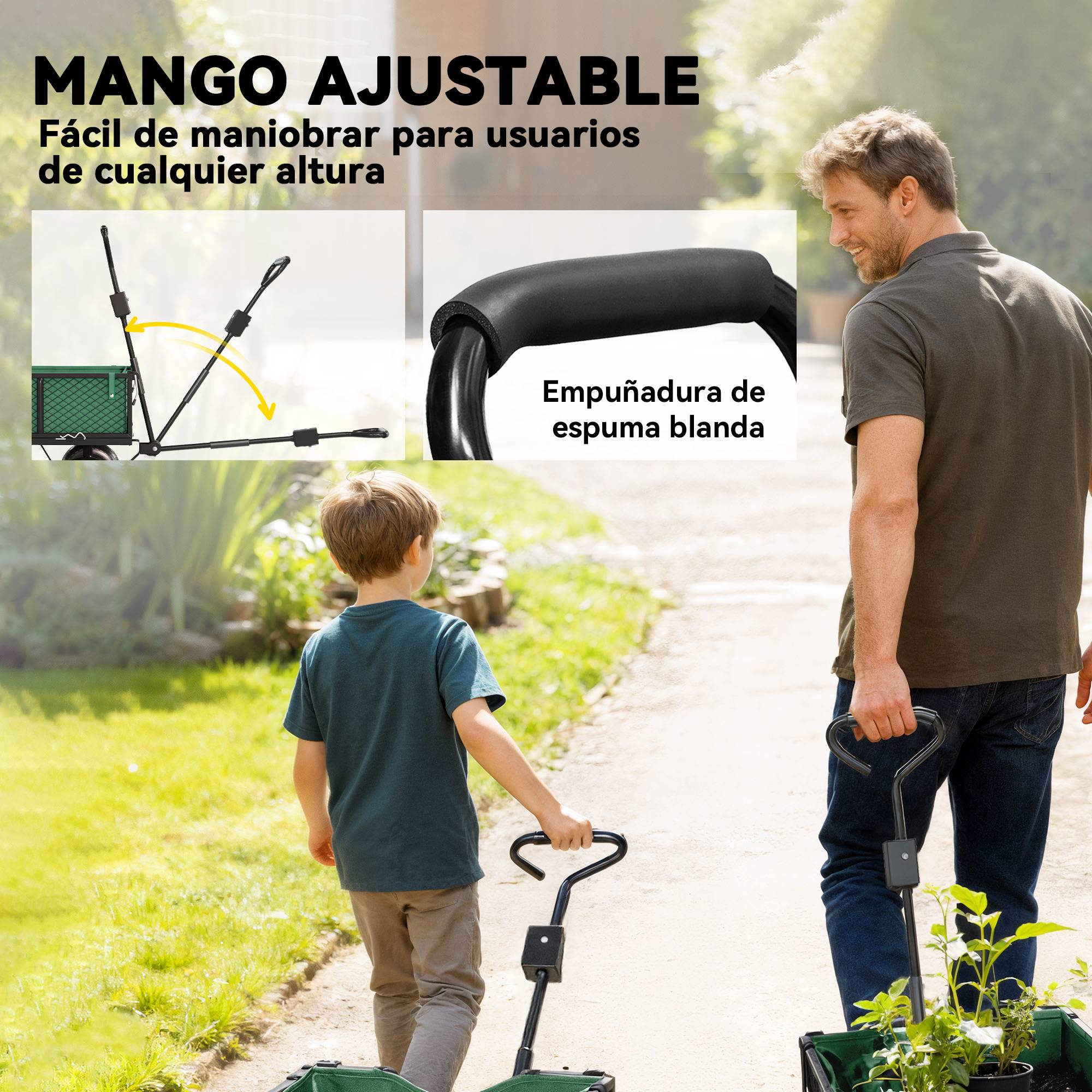 Chariot de jardin acier transport extérieur charge 300kg roues caoutchouc 105cm vert - ComfortXL Outdoor Living - Image 8
