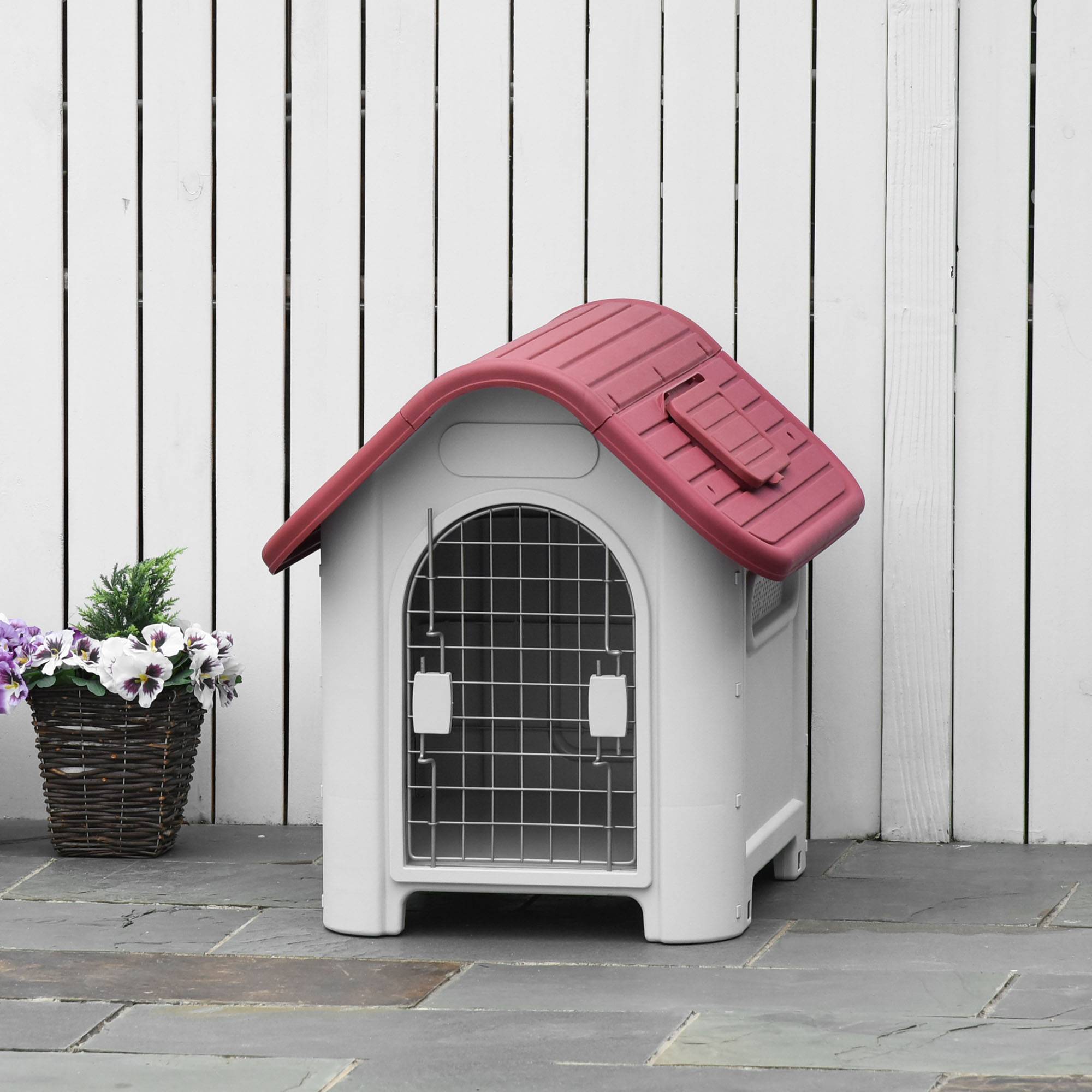 Sans Marque - Nichoir extérieur, toit avec trappe, ventilation, pour petit chien, Rouge/Gris clair, 59x75x66 cm - Image 3