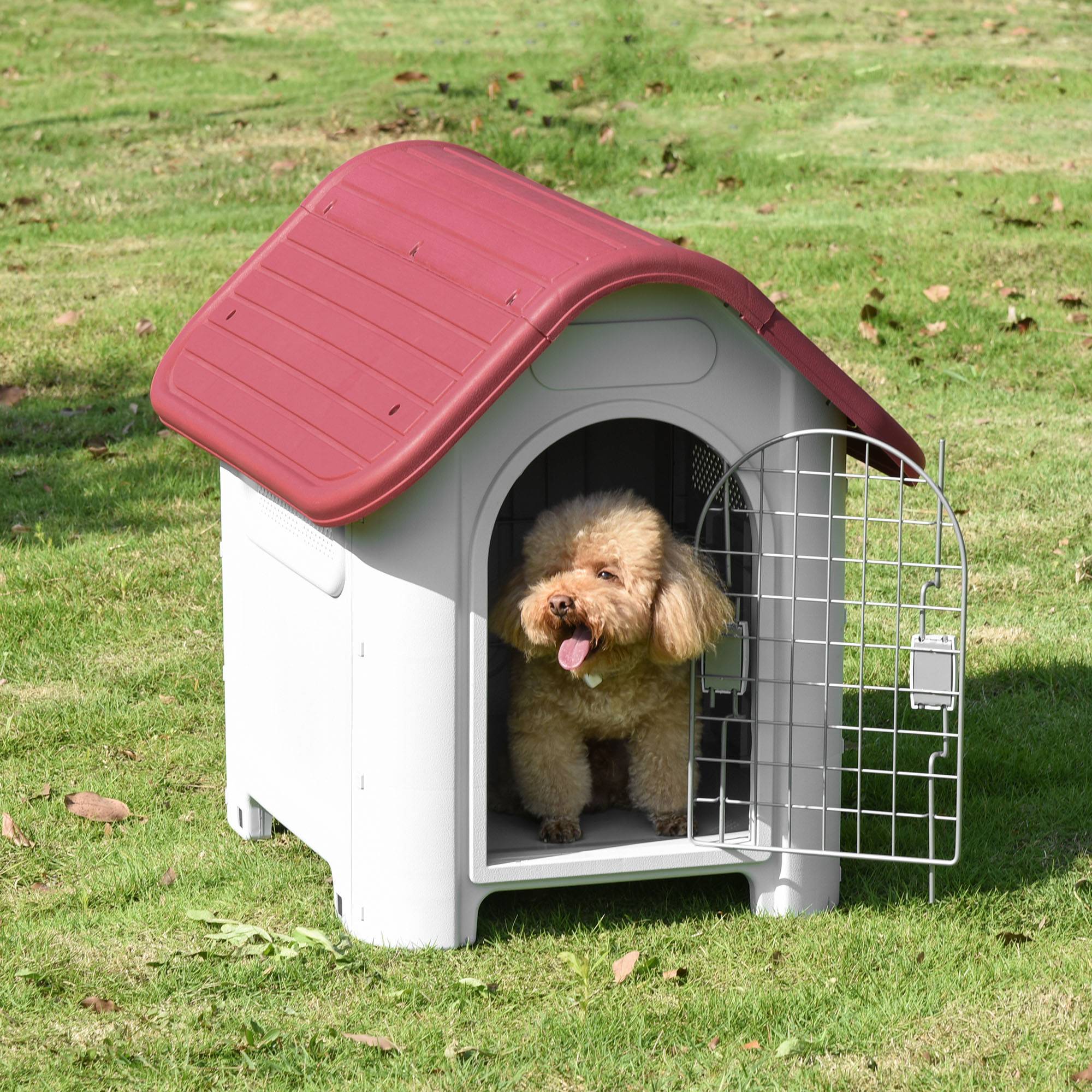 Sans Marque - Nichoir extérieur, toit avec trappe, ventilation, pour petit chien, Rouge/Gris clair, 59x75x66 cm - Image 4