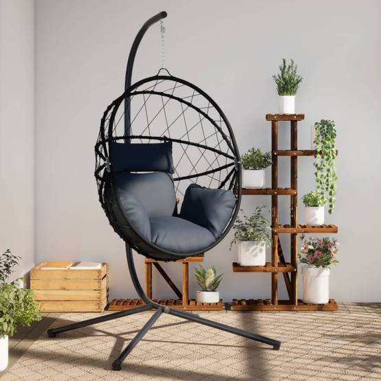 Chaise Œuf Suspendue en Résine Tressée et Corde avec Support Acier et Coussins Déhoussables pour Jardin Anthracite – ComfortXL Outdoor Living - Image 1