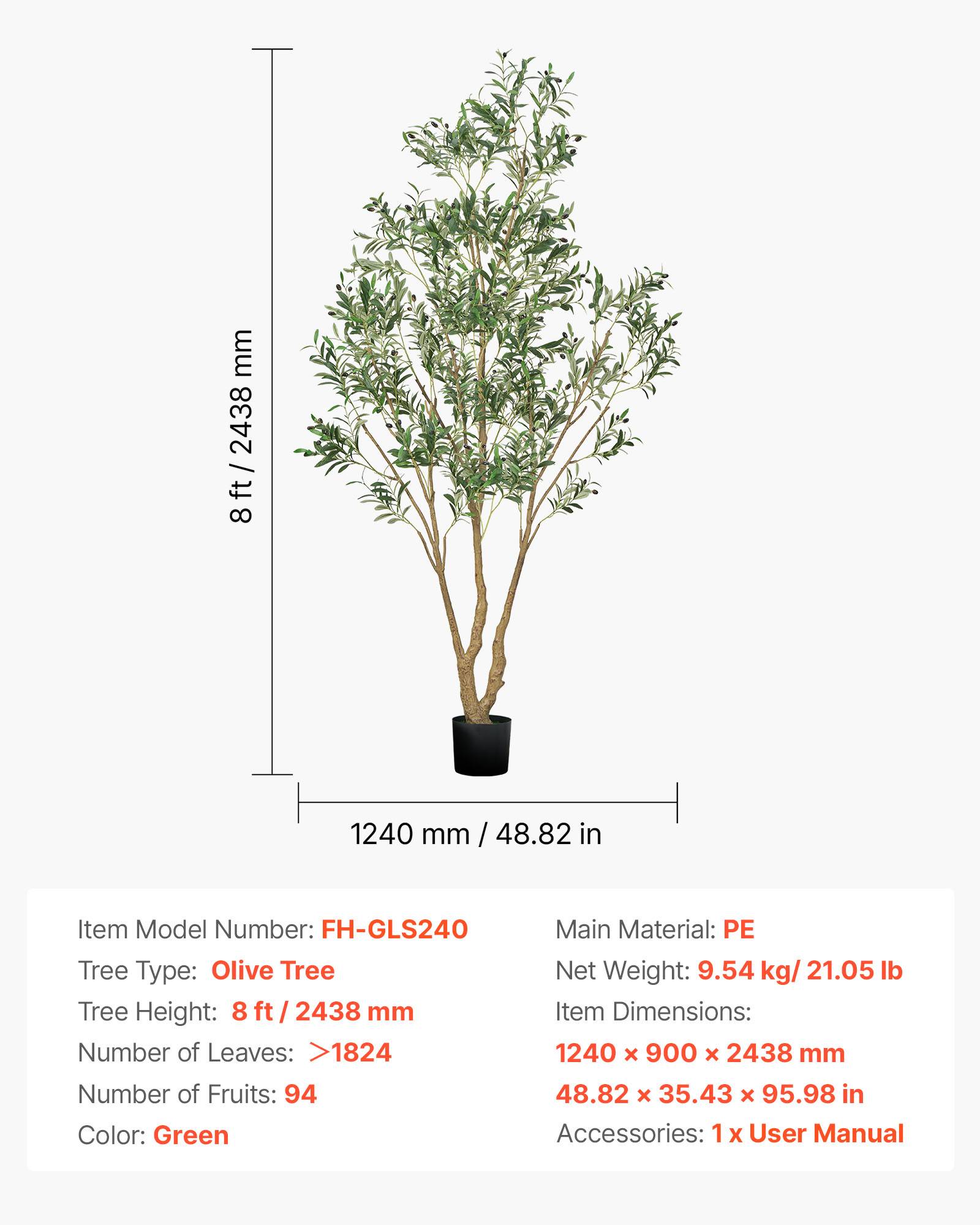 Vevor - VEVOR Arbre Artificiel Plante Artificielle Faux Olivier 2,4 m Déco d'Intérieur - Image 7