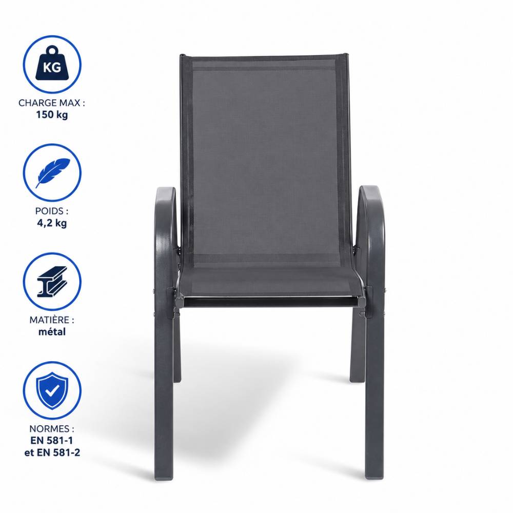 Lot de 4 Chaises de jardin textilène - Tissu haute densité - Gris anthracite - TERRE JARDIN - Image 6