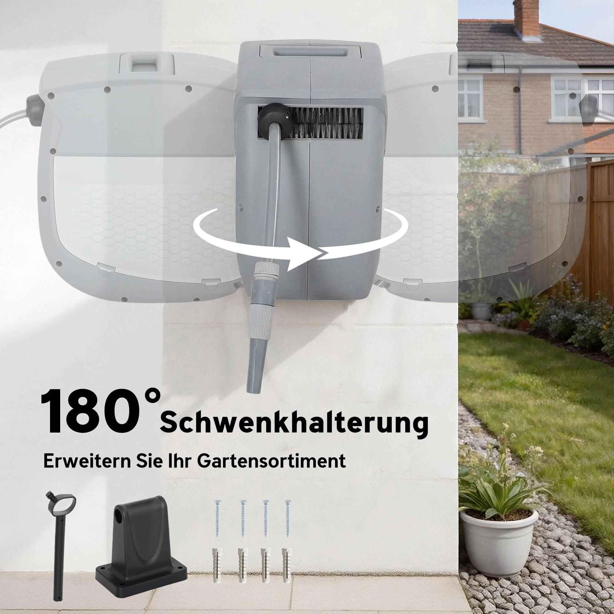 ComfortXL - Dévidoir mural automatique plastique gris tuyau 30 m orientable 180° pour arrosage jardin et nettoyage - Image 6