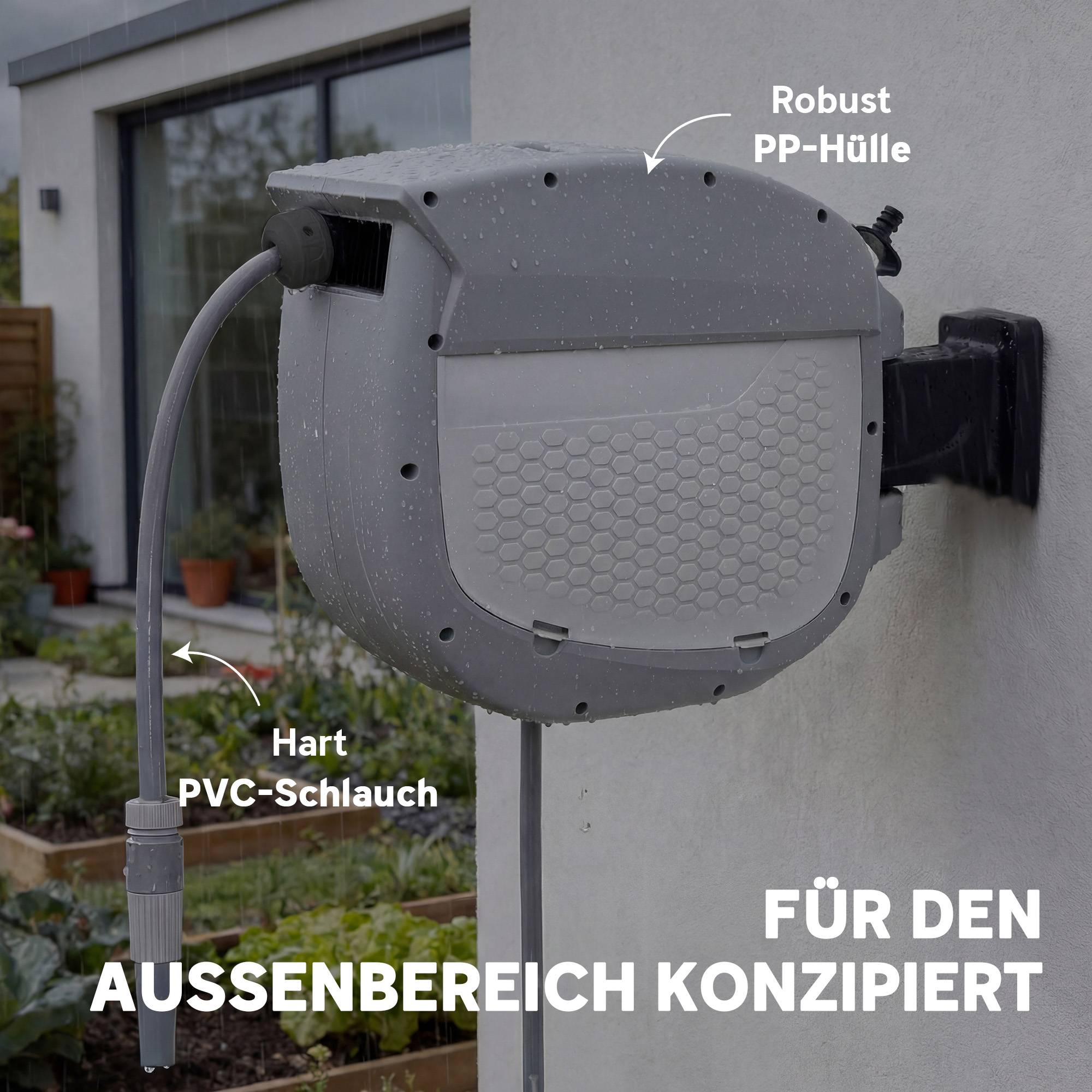 ComfortXL - Dévidoir mural automatique plastique gris tuyau 30 m orientable 180° pour arrosage jardin et nettoyage - Image 8
