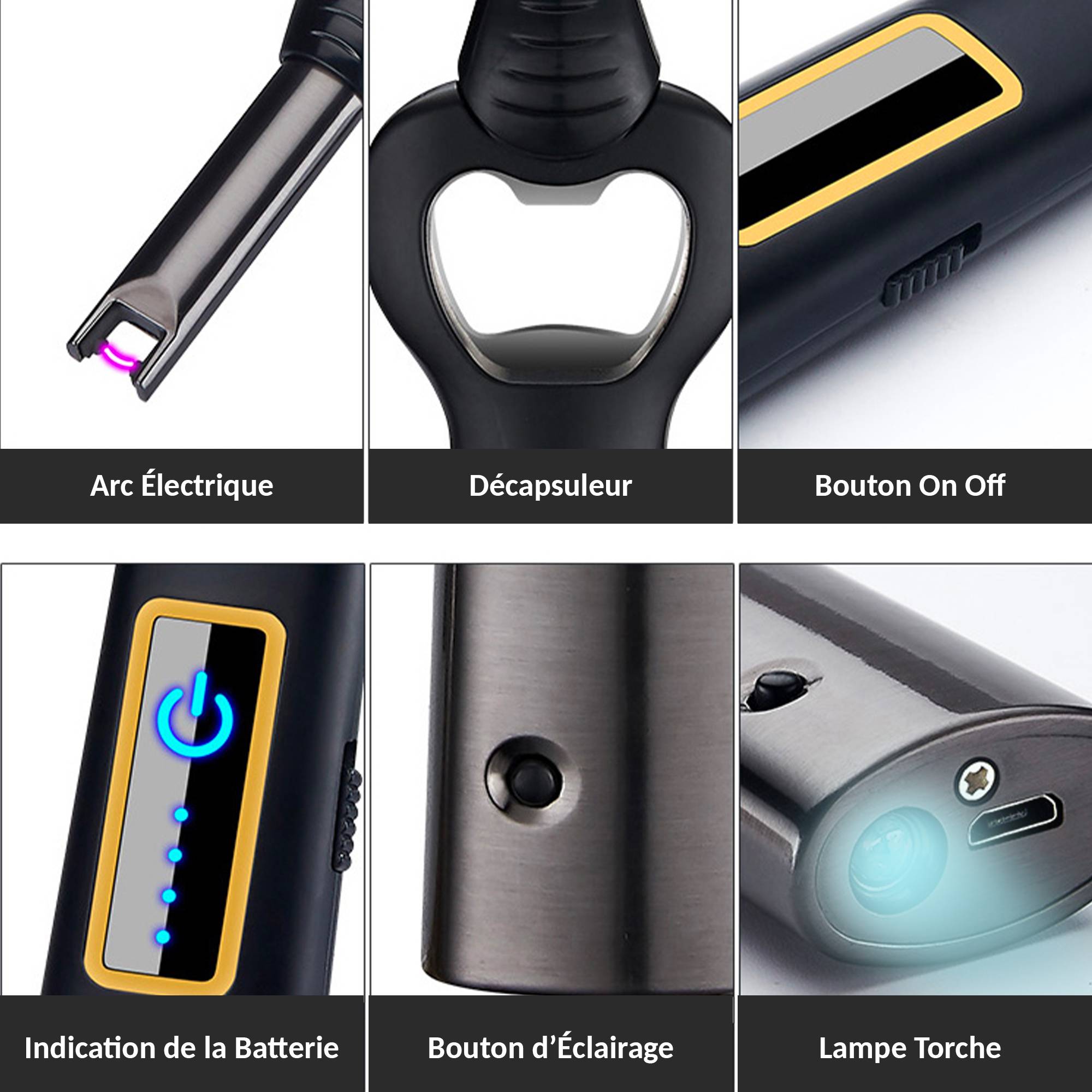 Fishtec - Briquet electrique rechargeable 3 en 1 USB LED decapsuleur indicateur batterie allumage sans flamme outdoor - Image 5