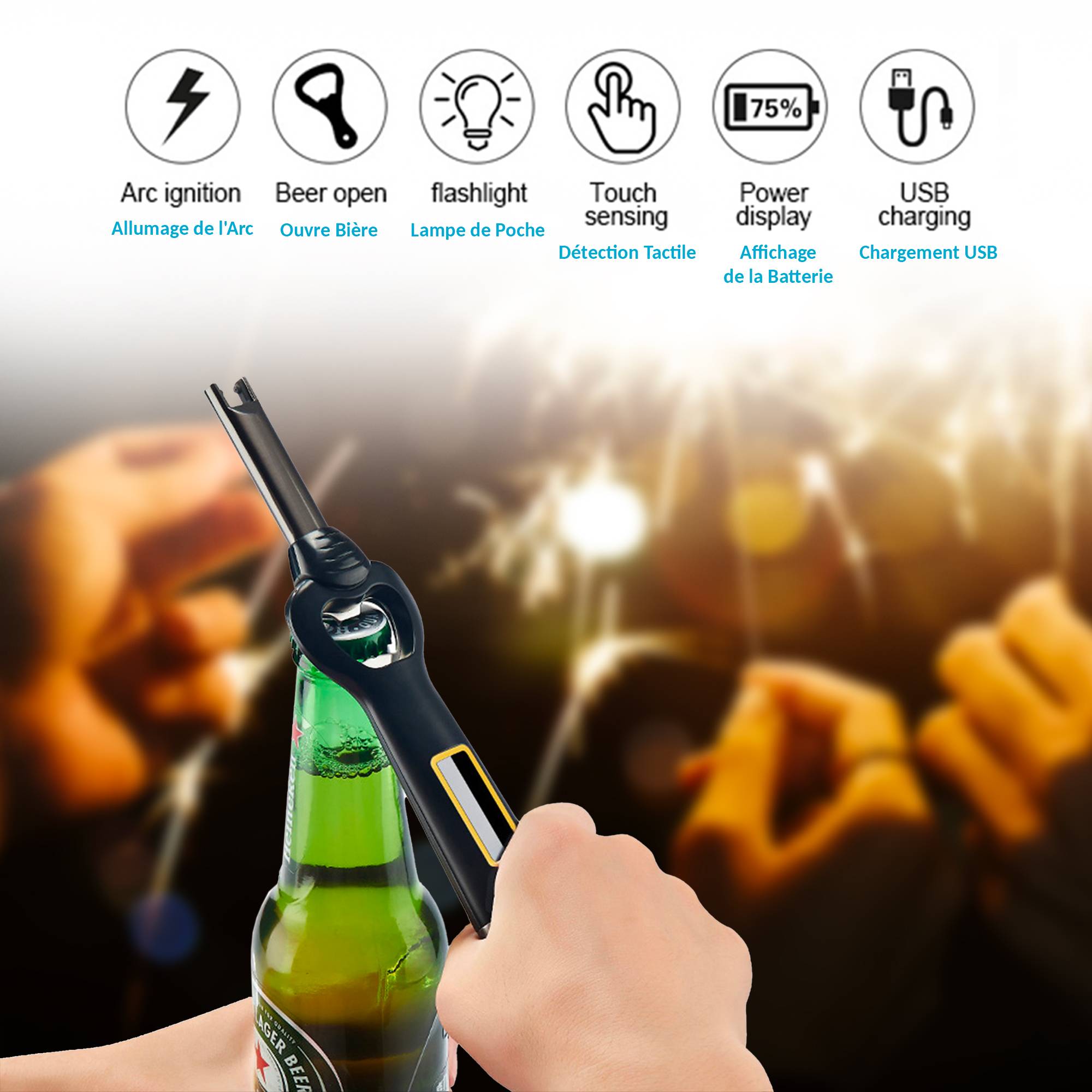 Fishtec - Briquet electrique rechargeable 3 en 1 USB LED decapsuleur indicateur batterie allumage sans flamme outdoor - Image 3