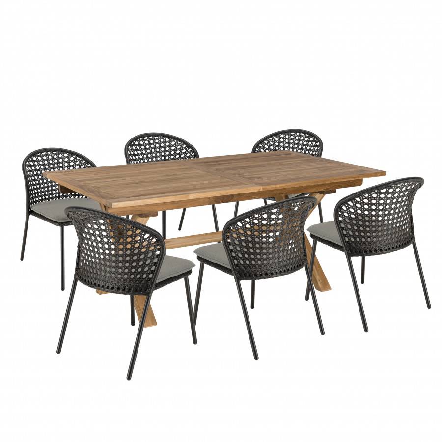 Macabane - MALO - SALON DE JARDIN 6 PERS. - 1 table rectangulaire 180x100cm et 6 chaises grises et noires - Image 1