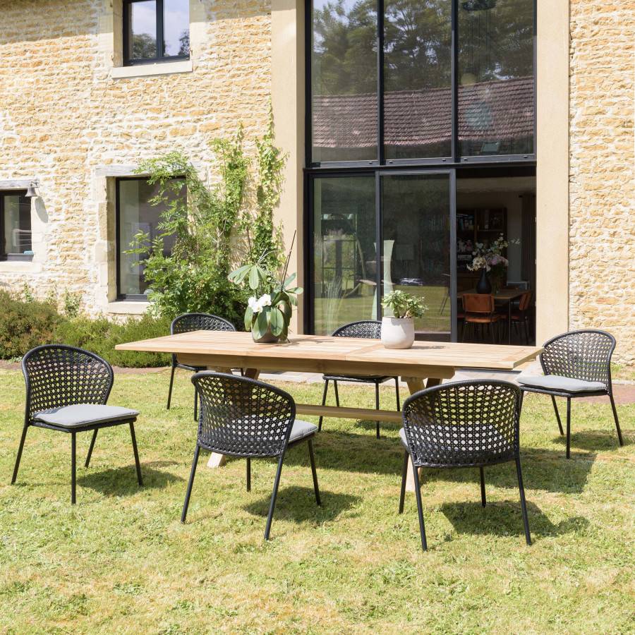 Macabane - MALO - SALON DE JARDIN 6 PERS. - 1 table rectangulaire 180x100cm et 6 chaises grises et noires - Image 2