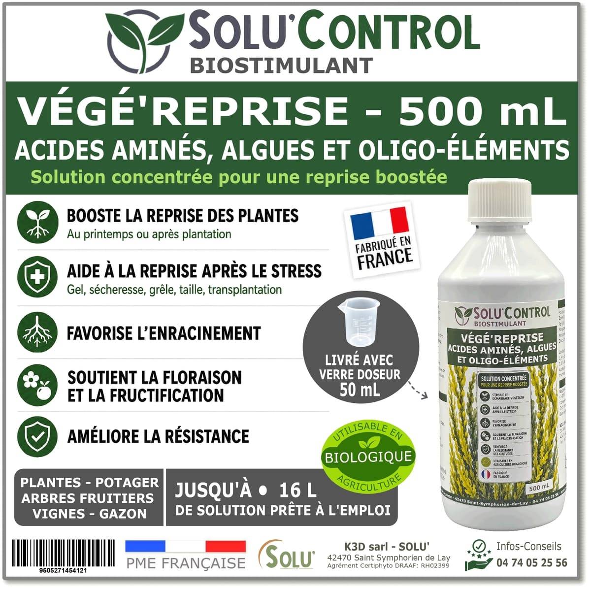 Tout pour les nuisibles - Végé'Reprise 500 mL - Biostimulant concentré aux acides aminés, algues et oligo-éléments Solu'Control - Fabriqué en France - UAB - Image 1