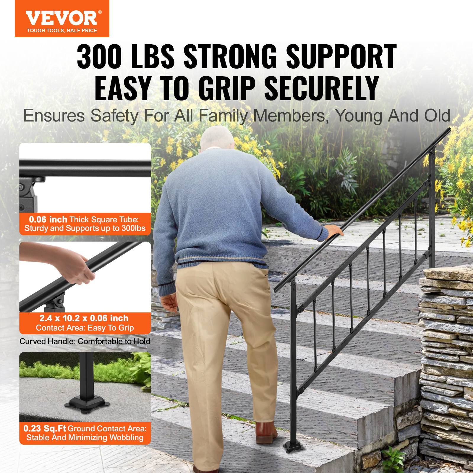 Vevor - VEVOR Main courante escalier fer forgé 83.5x172.5cm réglable 0-50°, pour 1-4 marches extérieur, béton, jardin. - Image 2