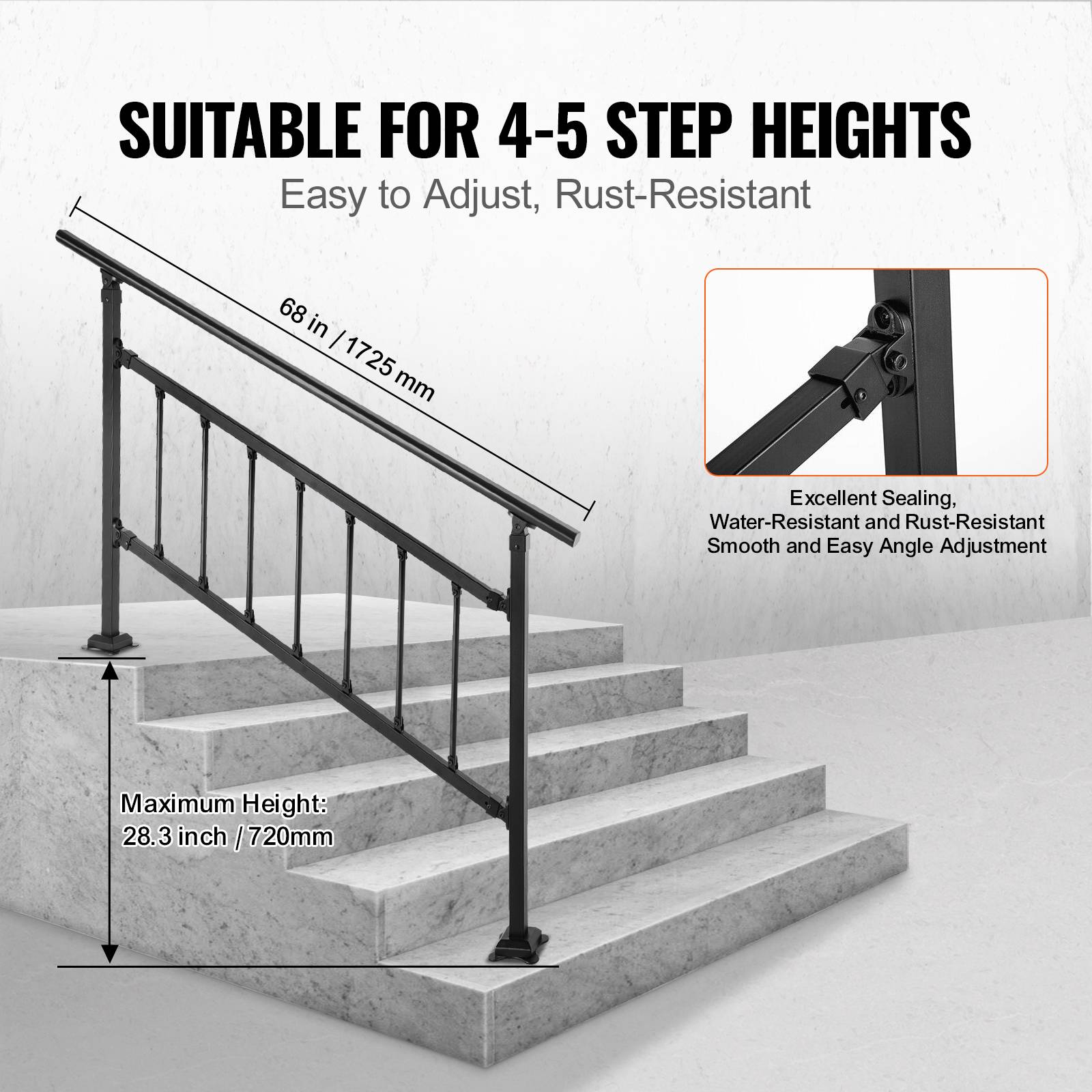 Vevor - VEVOR Main courante escalier fer forgé 83.5x172.5cm réglable 0-50°, pour 1-4 marches extérieur, béton, jardin. - Image 3