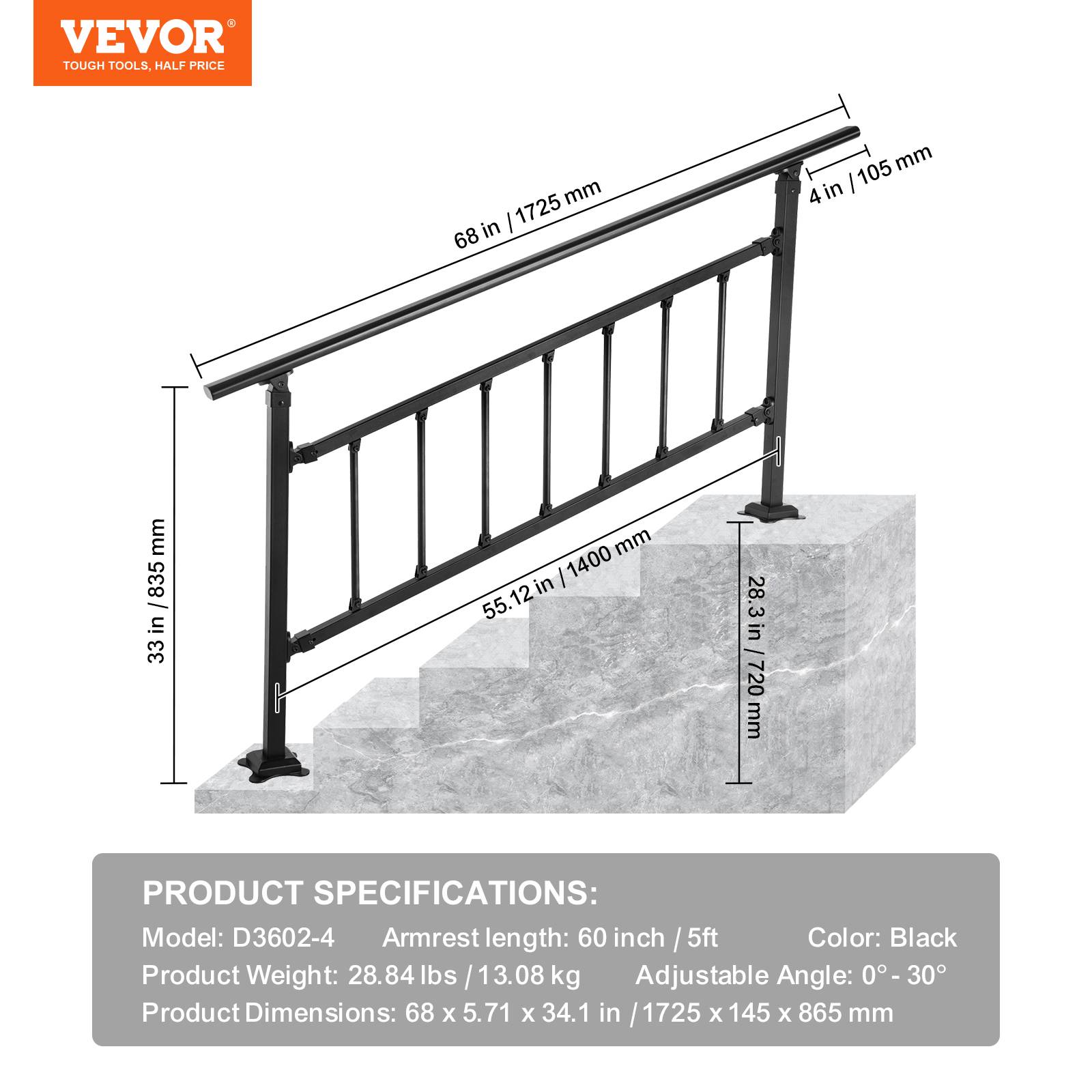 Vevor - VEVOR Main courante escalier fer forgé 83.5x172.5cm réglable 0-50°, pour 1-4 marches extérieur, béton, jardin. - Image 7