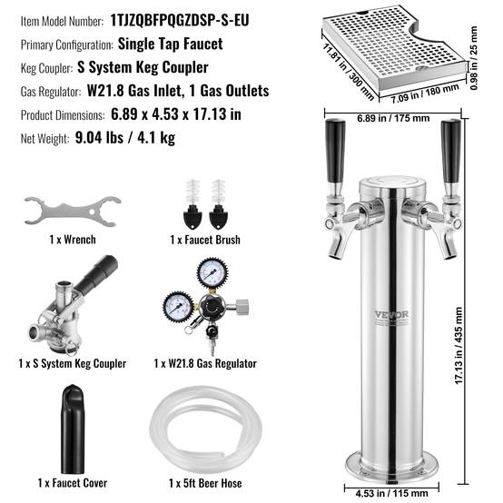 VEVOR Kit colonne bière 1 robinet, inox, régulateur double jauge W21,8. Coupleur système S, bar. - Image 7