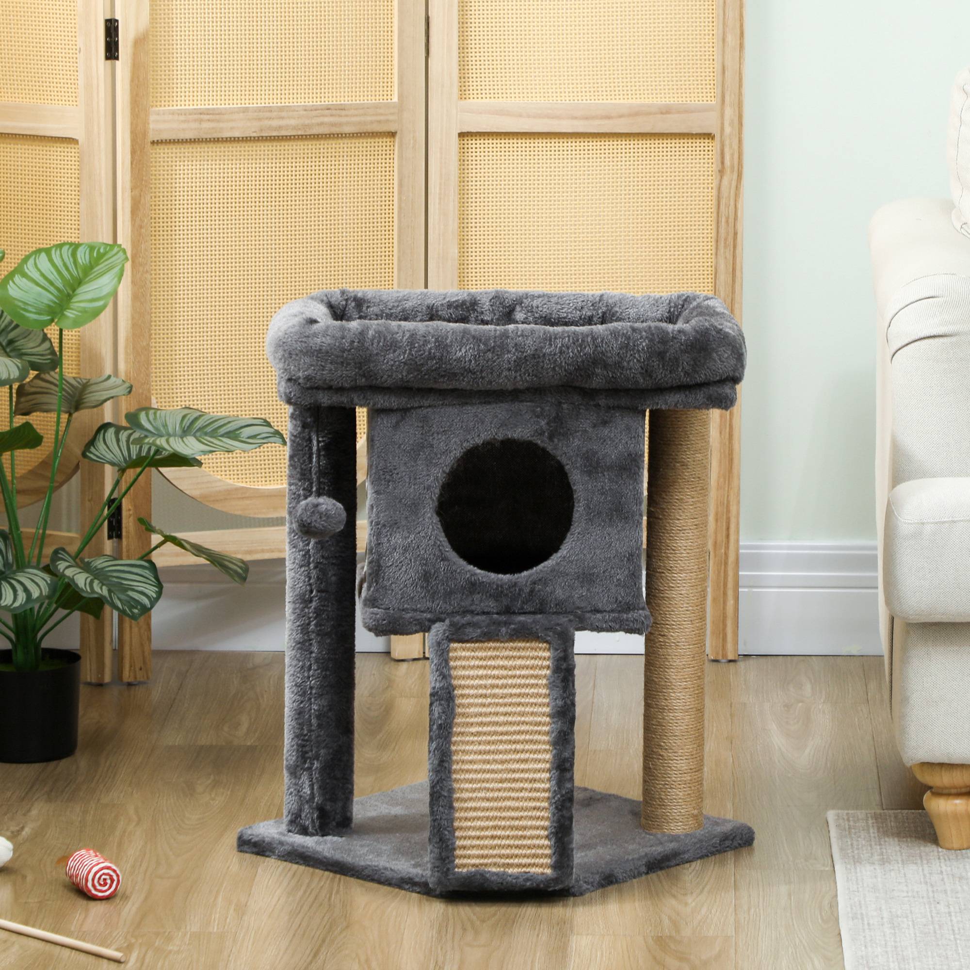 Arbre à chat bois peluche pour chaton niche avec tapis en jute 57cm gris foncé - ComfortXL Outdoor Living - Image 10