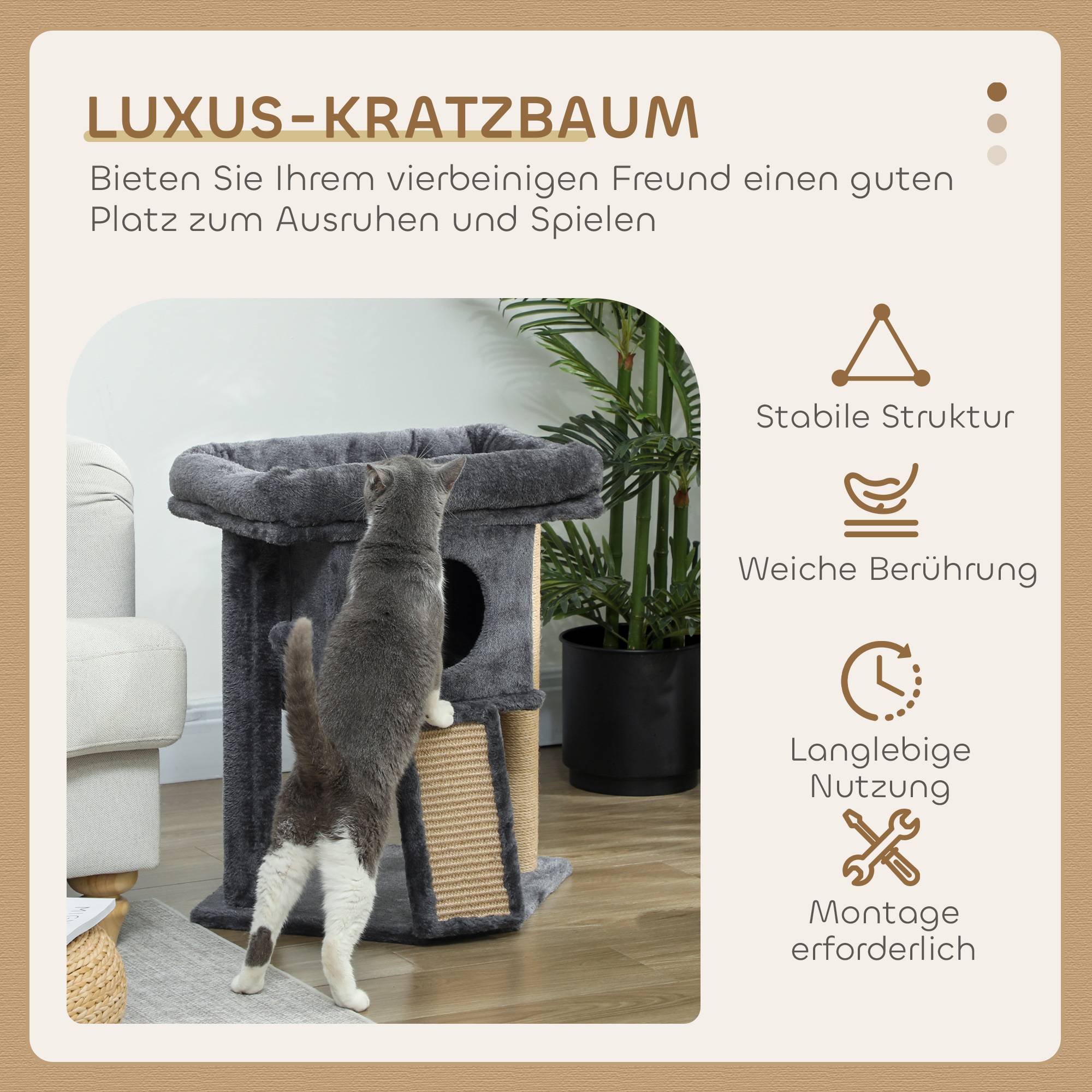 Arbre à chat bois peluche pour chaton niche avec tapis en jute 57cm gris foncé - ComfortXL Outdoor Living - Image 6