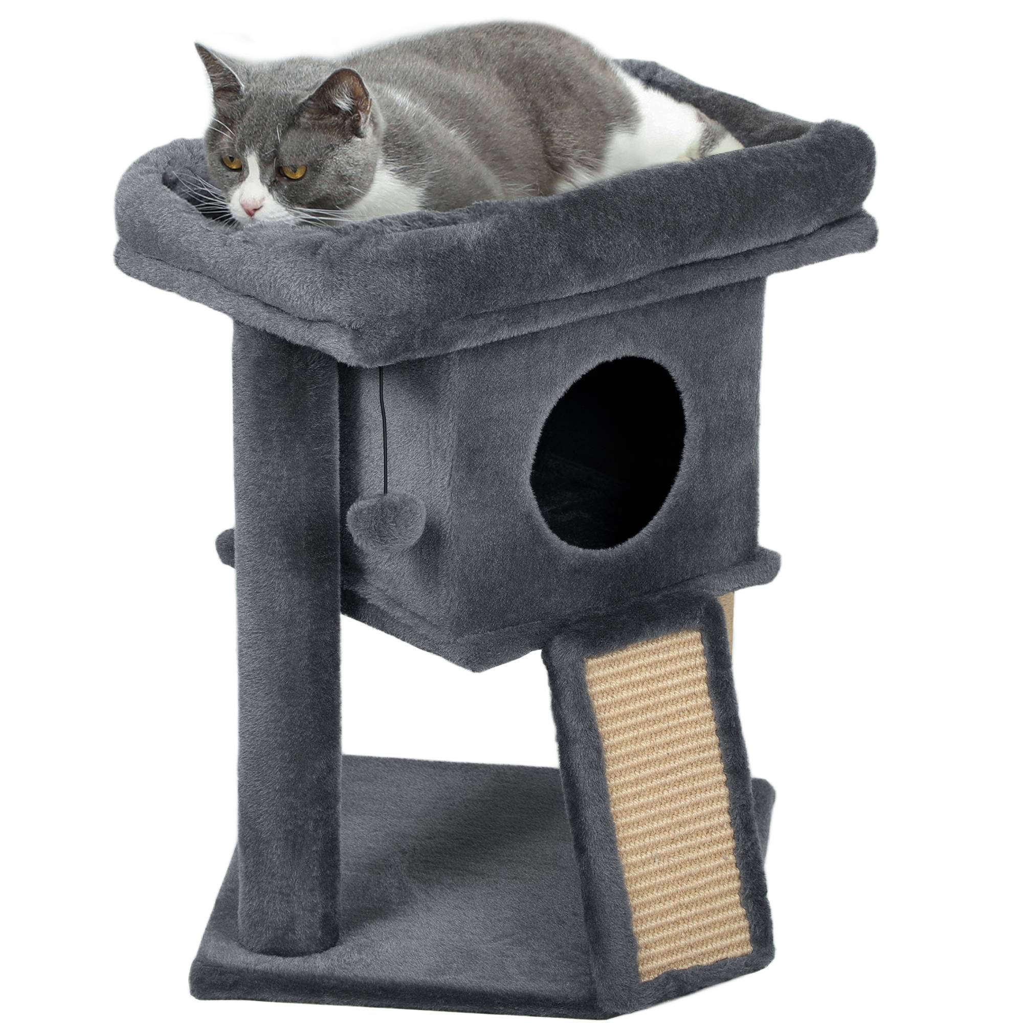 Arbre à chat bois peluche pour chaton niche avec tapis en jute 57cm gris foncé - ComfortXL Outdoor Living - Image 1