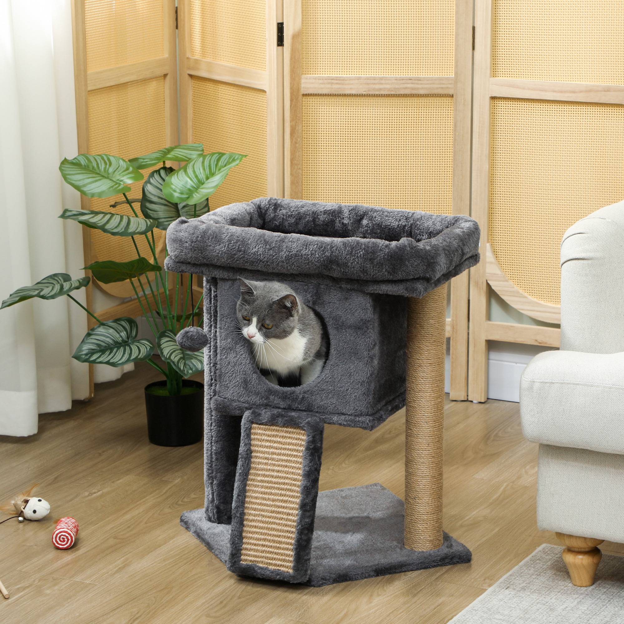Arbre à chat bois peluche pour chaton niche avec tapis en jute 57cm gris foncé - ComfortXL Outdoor Living - Image 4