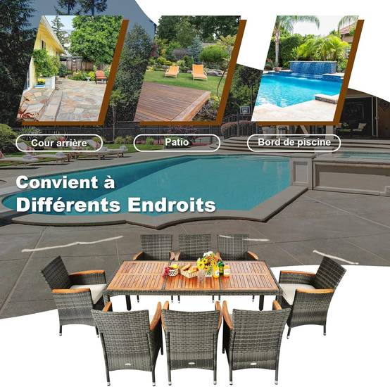 Costway - Salon de Jardin en Rotin 9 Pièces pour 8 Personnes Plateau de Table, Chaise Charge 180KG, Gris - Image 2