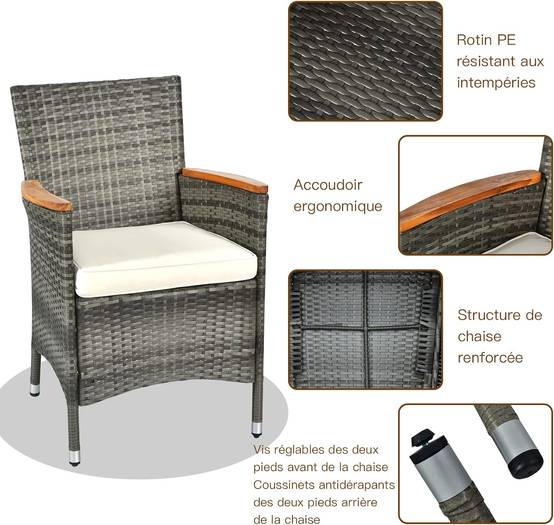 Costway - Salon de Jardin en Rotin 9 Pièces pour 8 Personnes Plateau de Table, Chaise Charge 180KG, Gris - Image 4