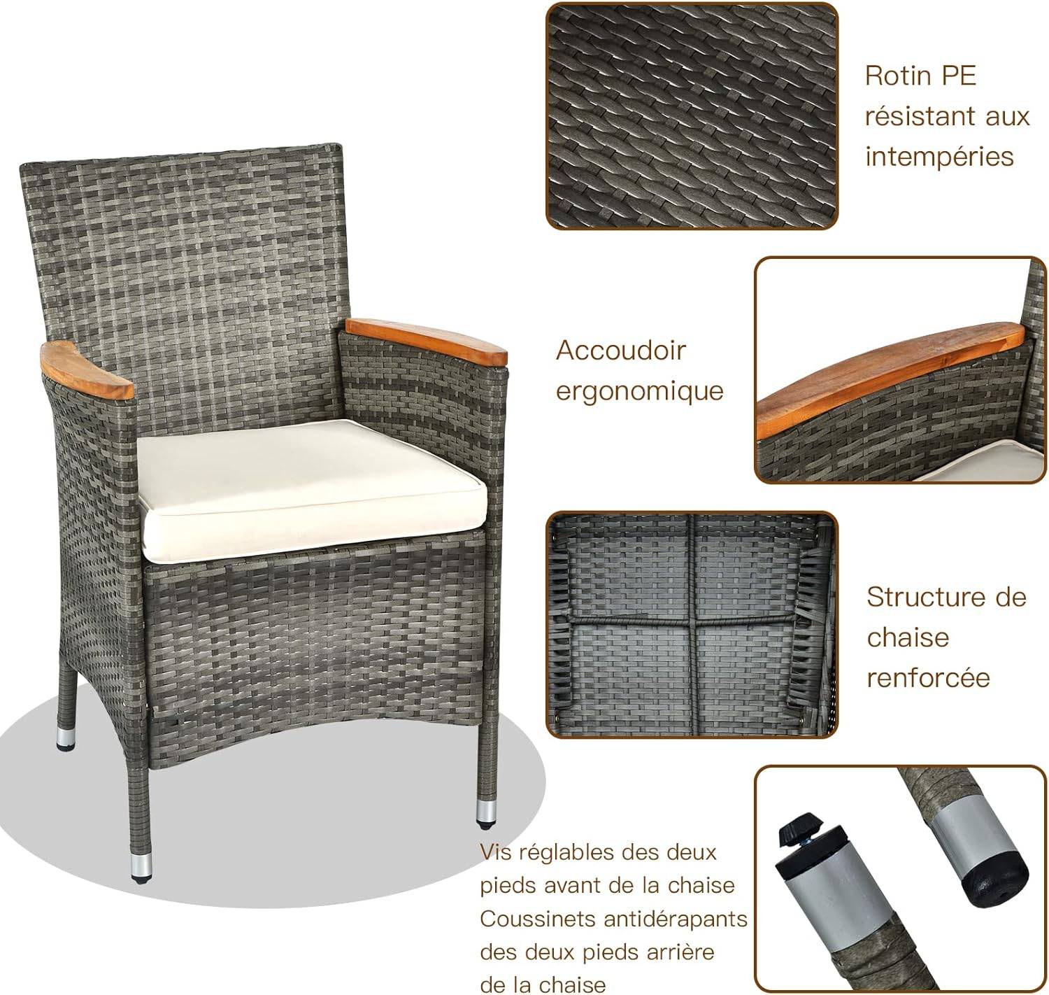 Costway - Salon de Jardin en Rotin 9 Pièces pour 8 Personnes Plateau de Table, Chaise Charge 180KG, Gris - Image 4