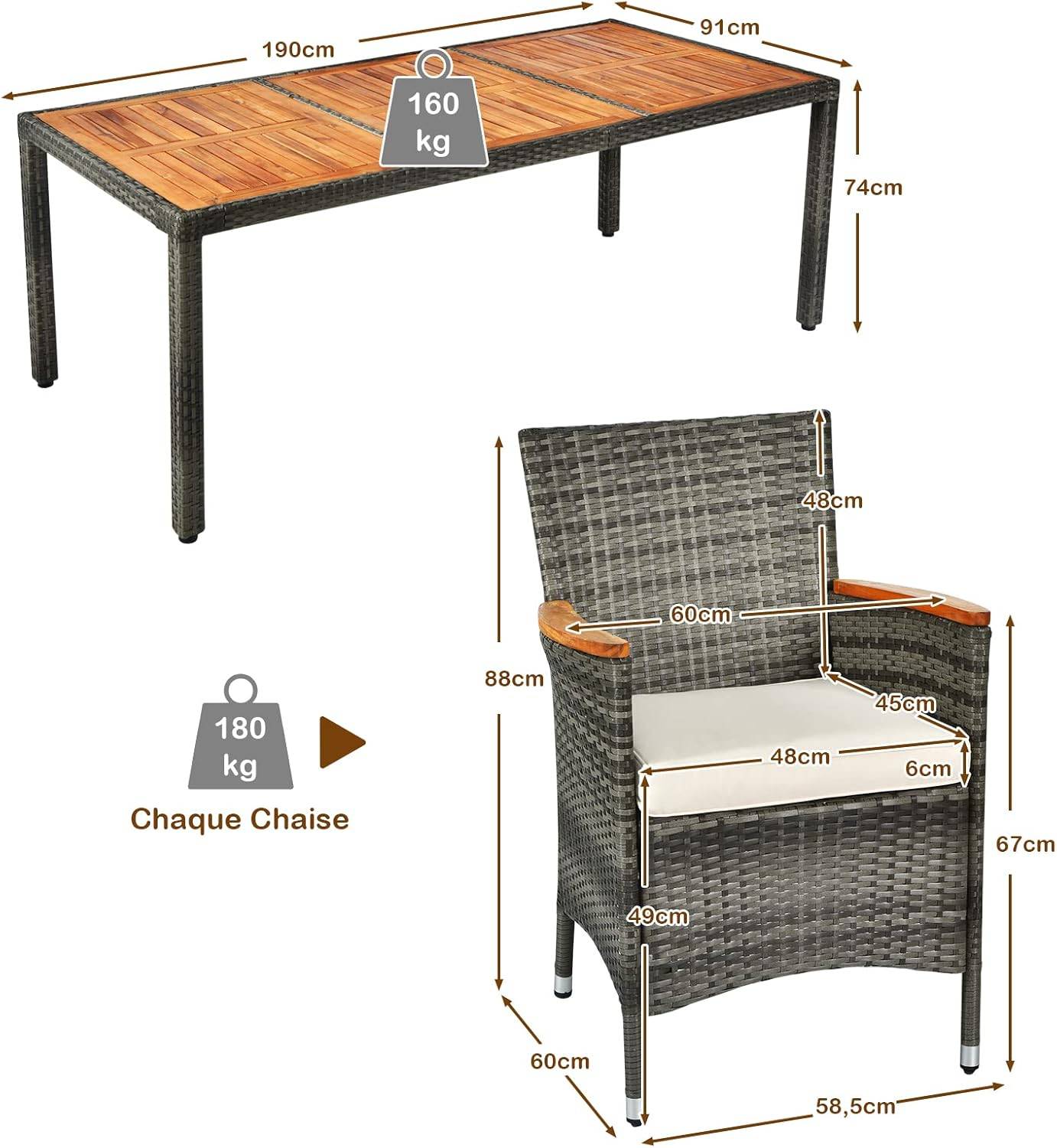 Costway - Salon de Jardin en Rotin 9 Pièces pour 8 Personnes Plateau de Table, Chaise Charge 180KG, Gris - Image 5