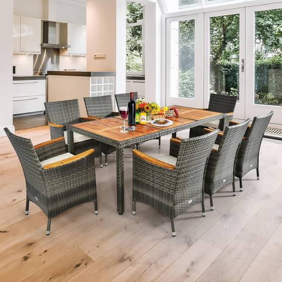 Costway - Salon de Jardin en Rotin 9 Pièces pour 8 Personnes Plateau de Table, Chaise Charge 180KG, Gris - Image 8