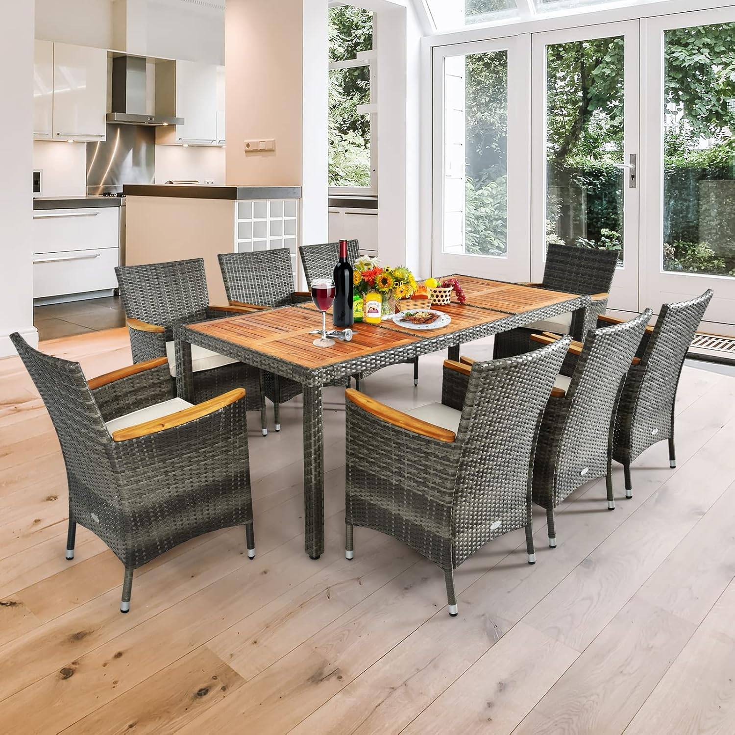Costway - Salon de Jardin en Rotin 9 Pièces pour 8 Personnes Plateau de Table, Chaise Charge 180KG, Gris - Image 8