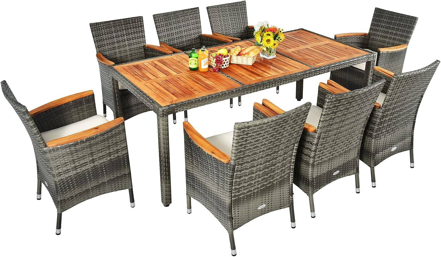 Costway - Salon de Jardin en Rotin 9 Pièces pour 8 Personnes Plateau de Table, Chaise Charge 180KG, Gris - Image 1