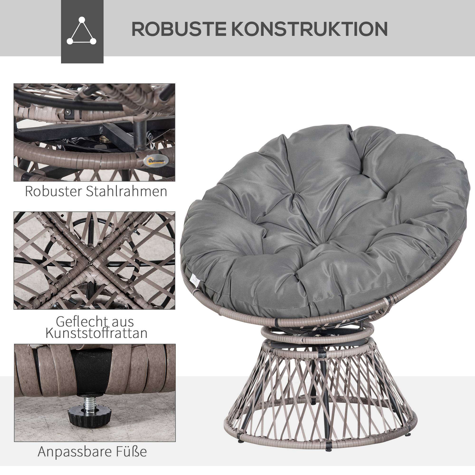 Fauteuil papasan résine tressée gris 87 x 97 x 86 cm - PANGIVO - Image 8