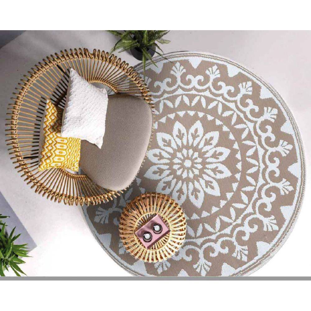 Aubry Gaspard - Tapis d'extérieur rond en polypropylène D150 cm Mandala - Beige - Image 2