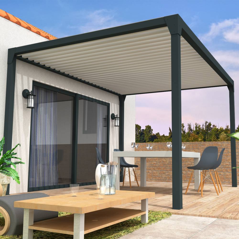 Intersun - Pergola Bioclimatique BERYL Ilot - Mixte Gris Anthracite/Blanc - 3,50x4,00 M - Vérin à Télécommande - Image 3