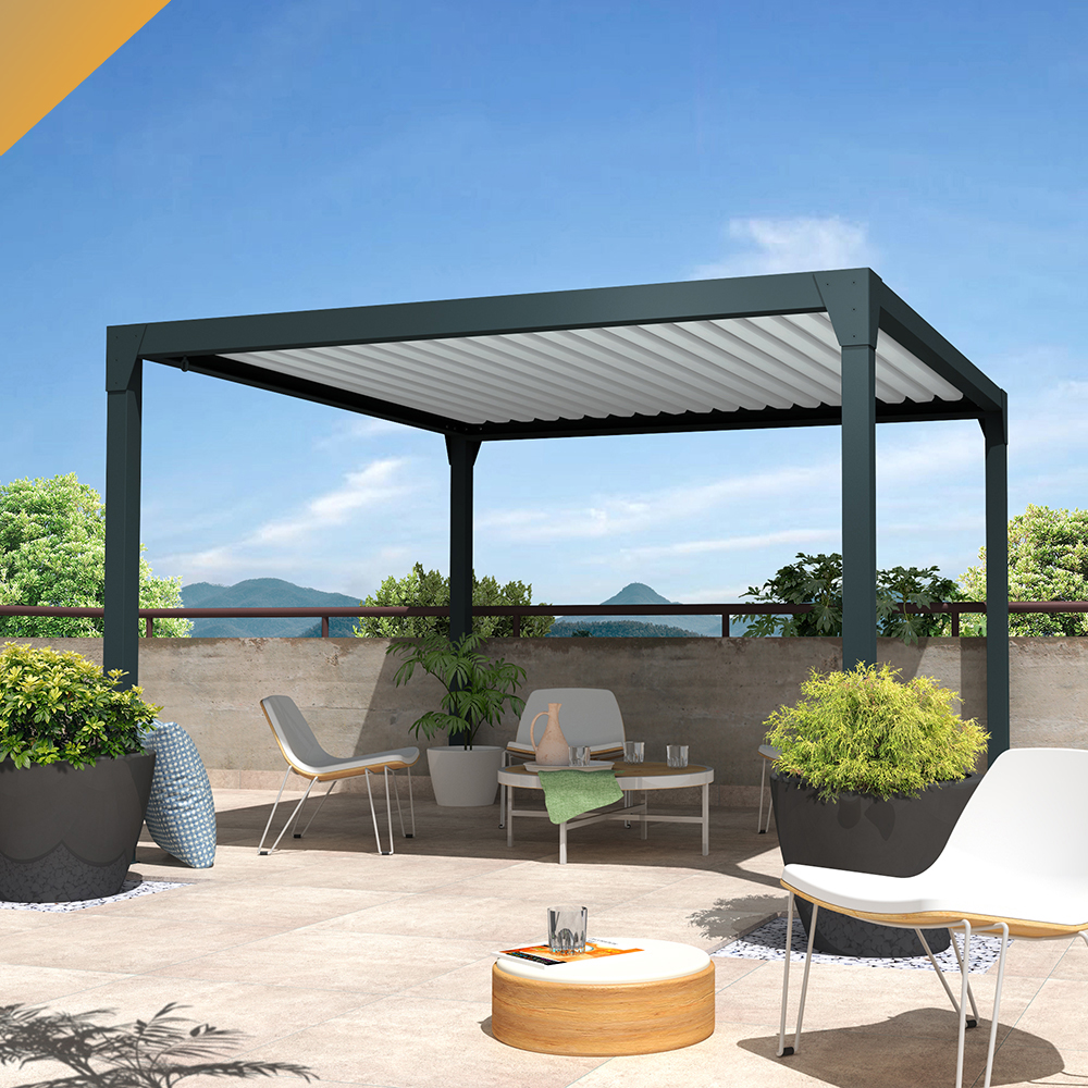 Intersun - Pergola Bioclimatique BERYL Ilot - Mixte Gris Anthracite/Blanc - 3,50x4,00 M - Vérin à Télécommande - Image 2