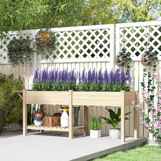 Grand potager sur pieds bois massif jardin 2 bacs avec étagère et tablette naturel - ComfortXL Outdoor Living - Image 3