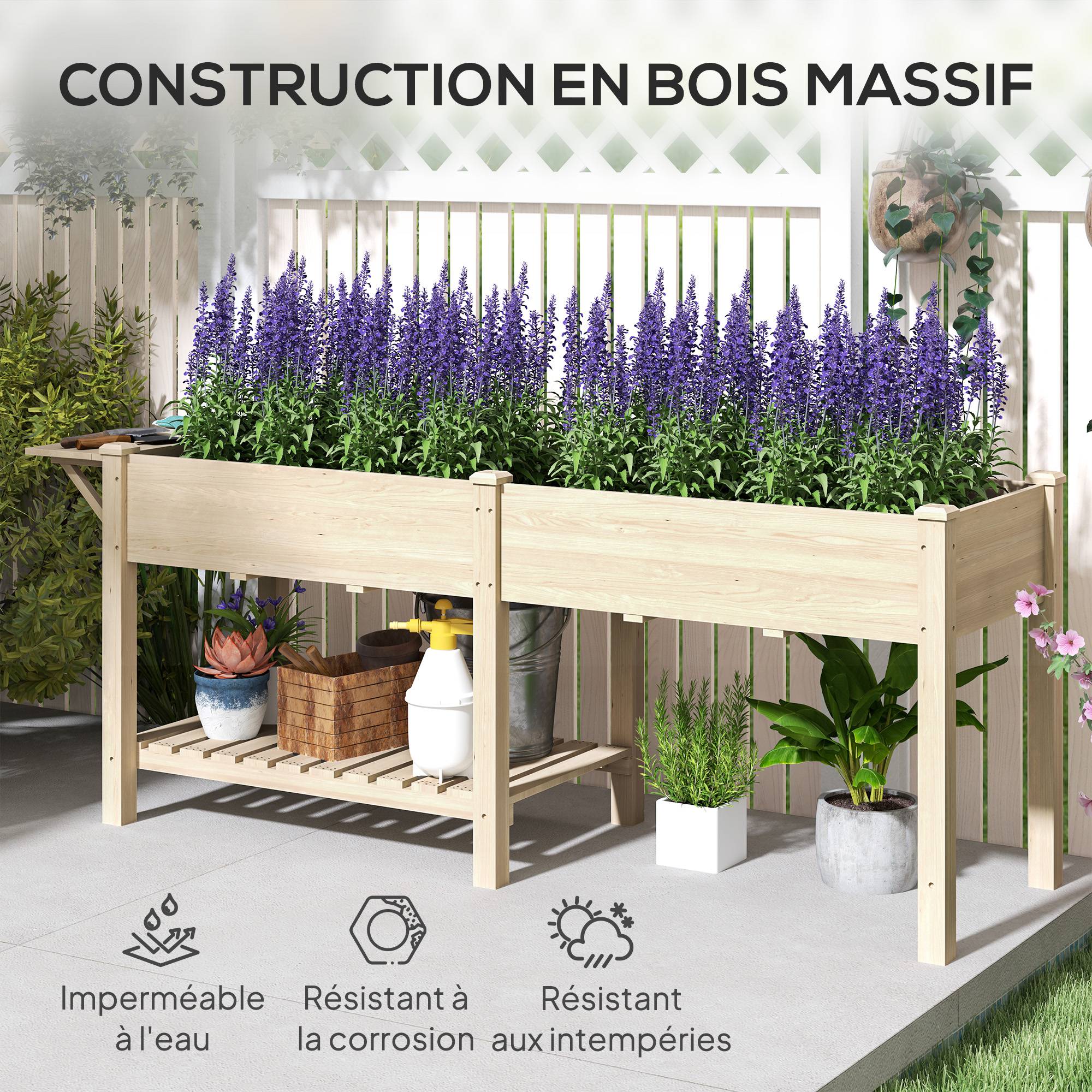 Grand potager sur pieds bois massif jardin 2 bacs avec étagère et tablette naturel - ComfortXL Outdoor Living - Image 10