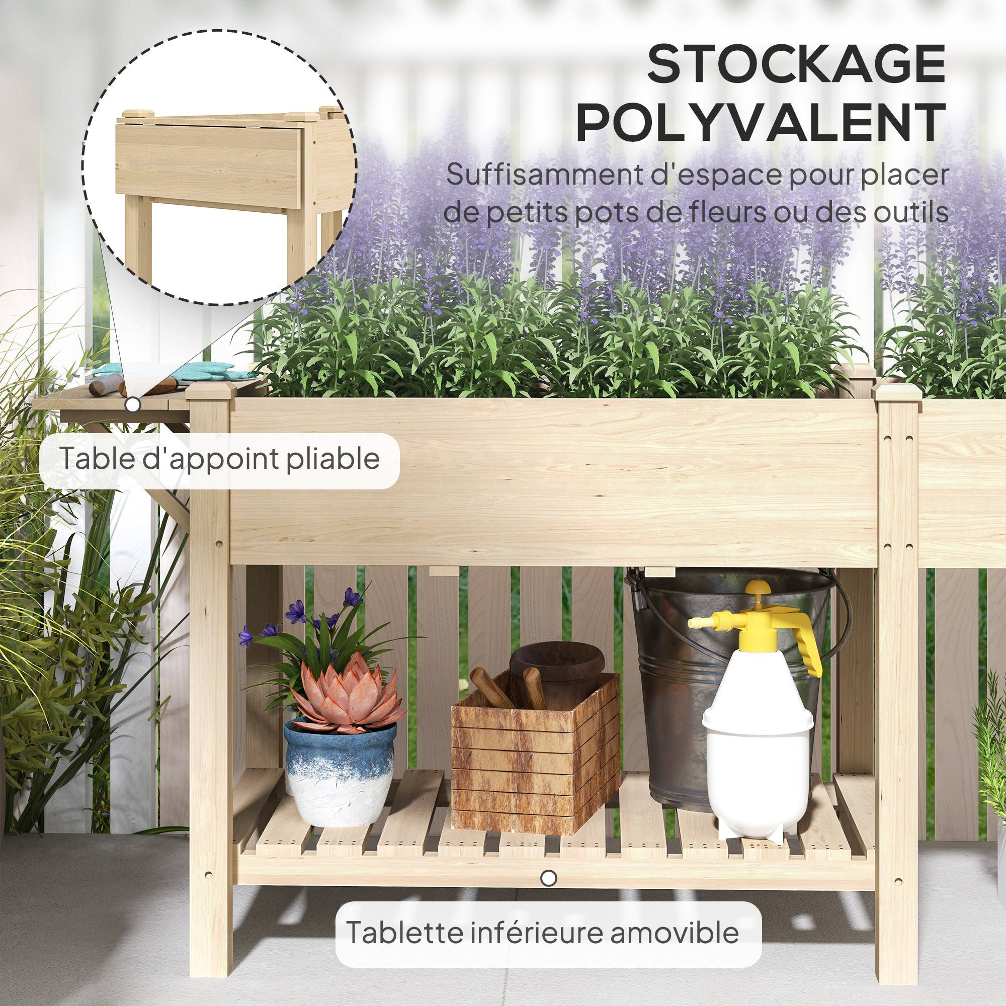 Grand potager sur pieds bois massif jardin 2 bacs avec étagère et tablette naturel - ComfortXL Outdoor Living - Image 7
